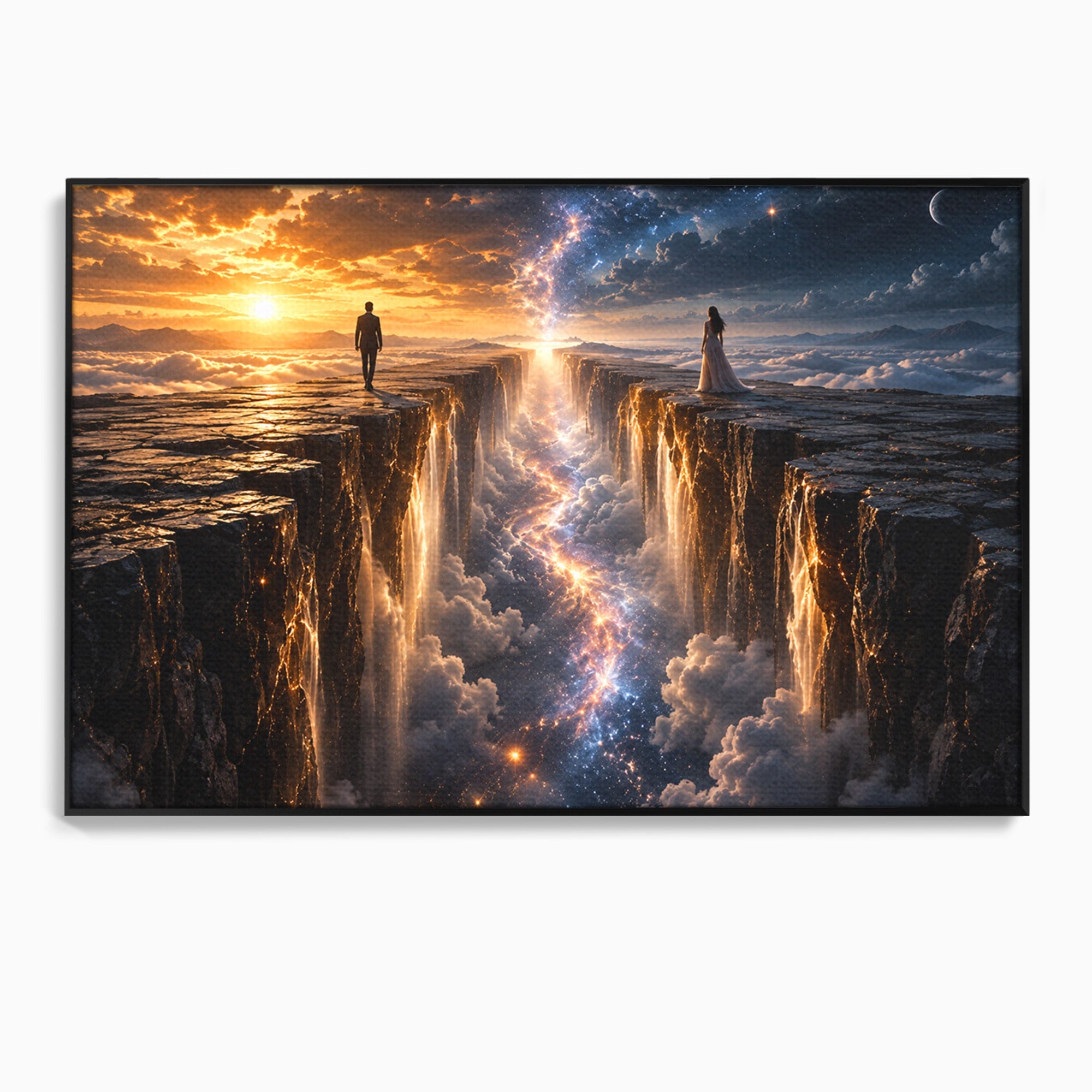 Tablou Canvas Premium LuxCanva® U1083, Intalnirea Pe Podul Cerului, Apus, Cuplu, Natura, Fantezie, Dormitor, Culori Vibrante