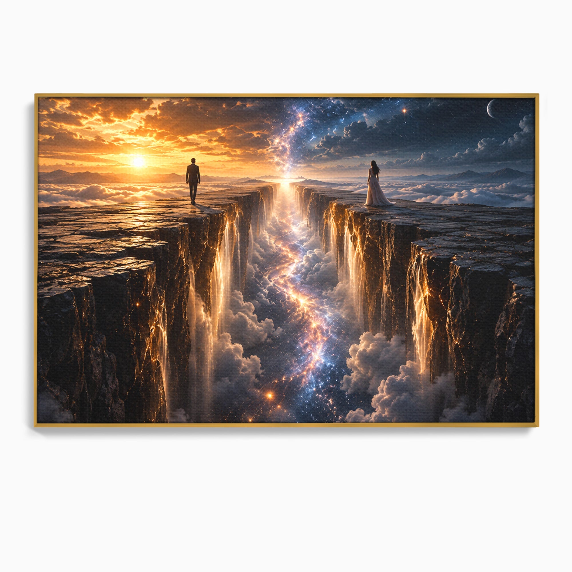 Tablou Canvas Premium LuxCanva® U1083, Intalnirea Pe Podul Cerului, Apus, Cuplu, Natura, Fantezie, Dormitor, Culori Vibrante
