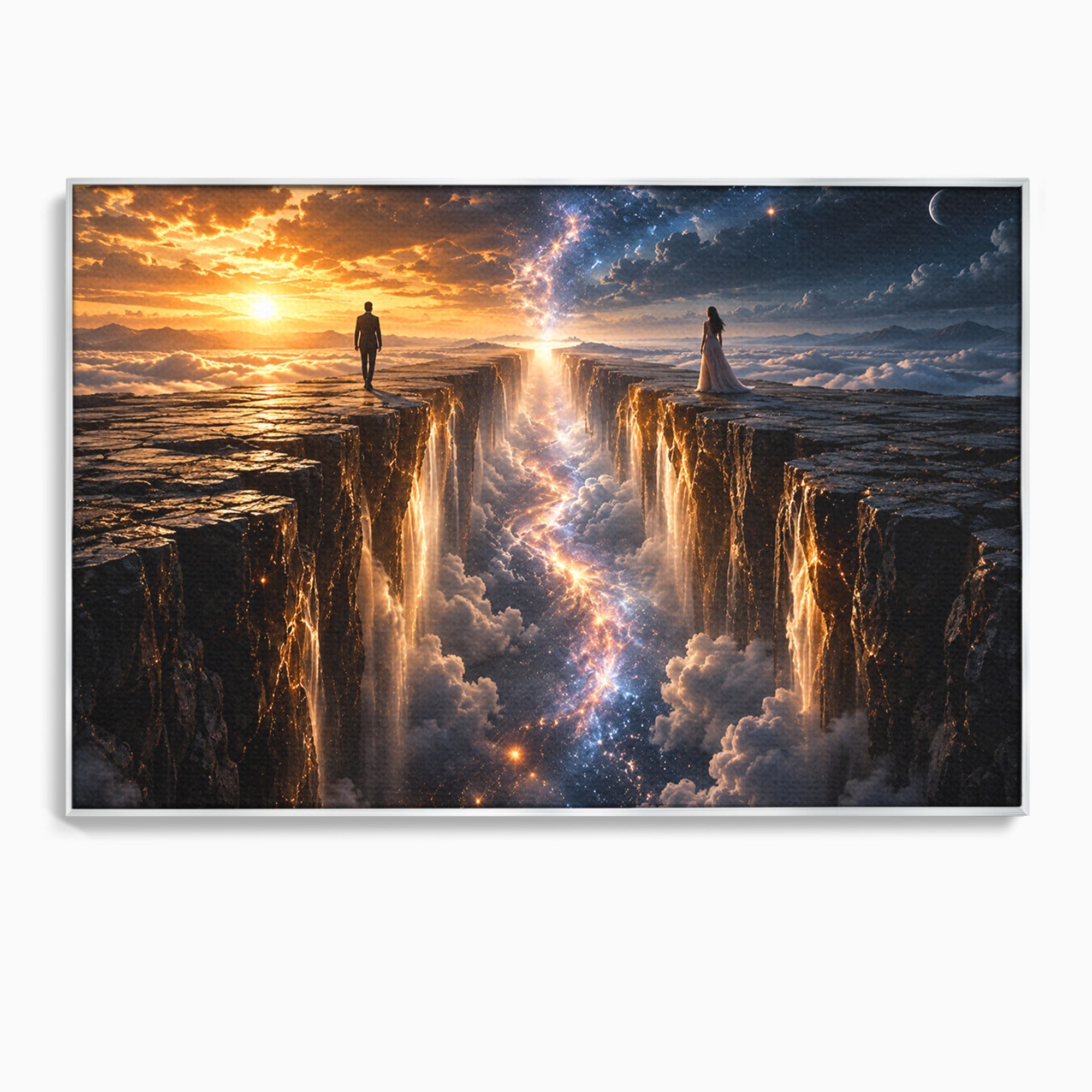 Tablou Canvas Premium LuxCanva® U1083, Intalnirea Pe Podul Cerului, Apus, Cuplu, Natura, Fantezie, Dormitor, Culori Vibrante