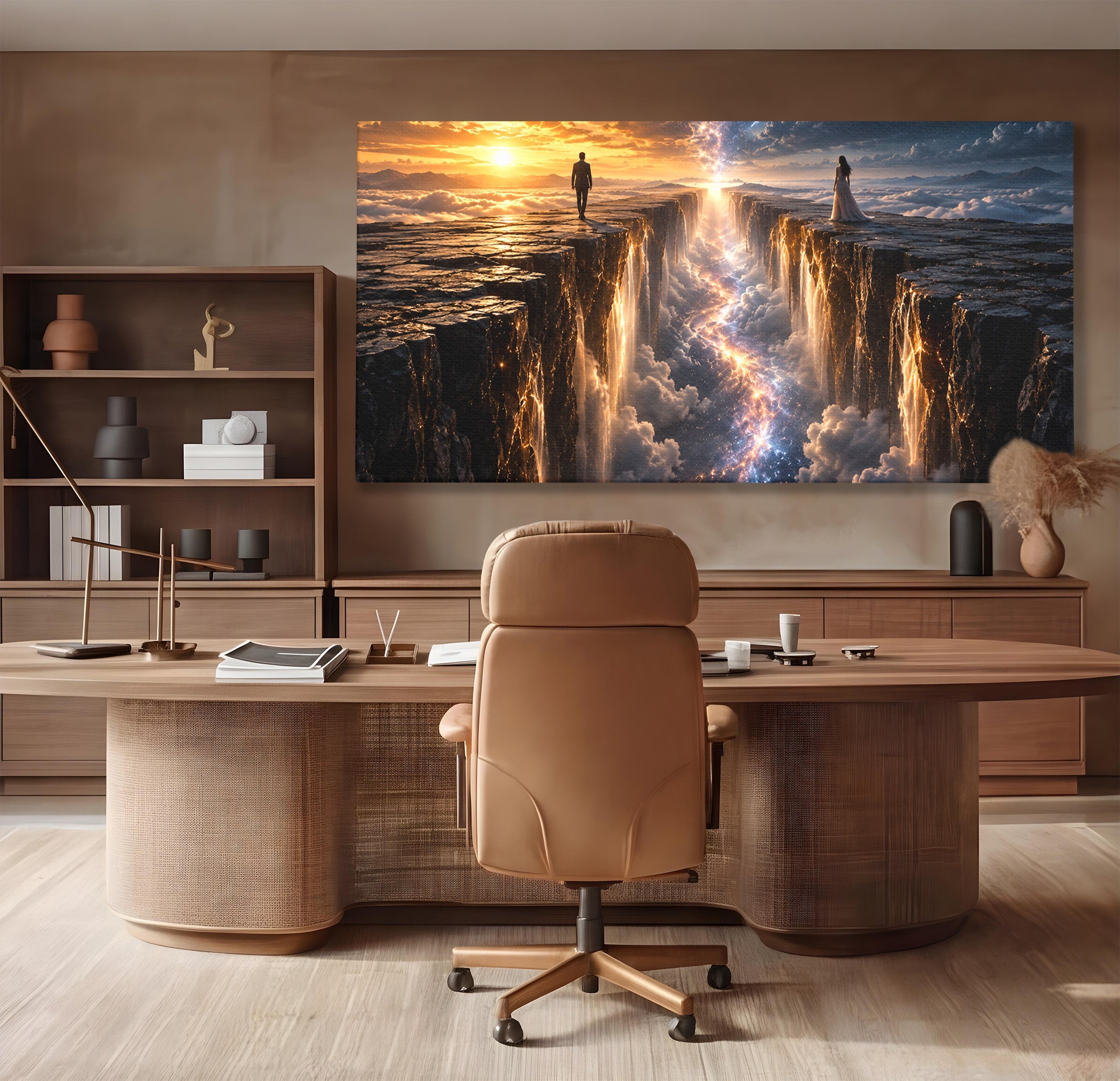 Tablou Canvas Premium LuxCanva® U1083, Intalnirea Pe Podul Cerului, Apus, Cuplu, Natura, Fantezie, Dormitor, Culori Vibrante