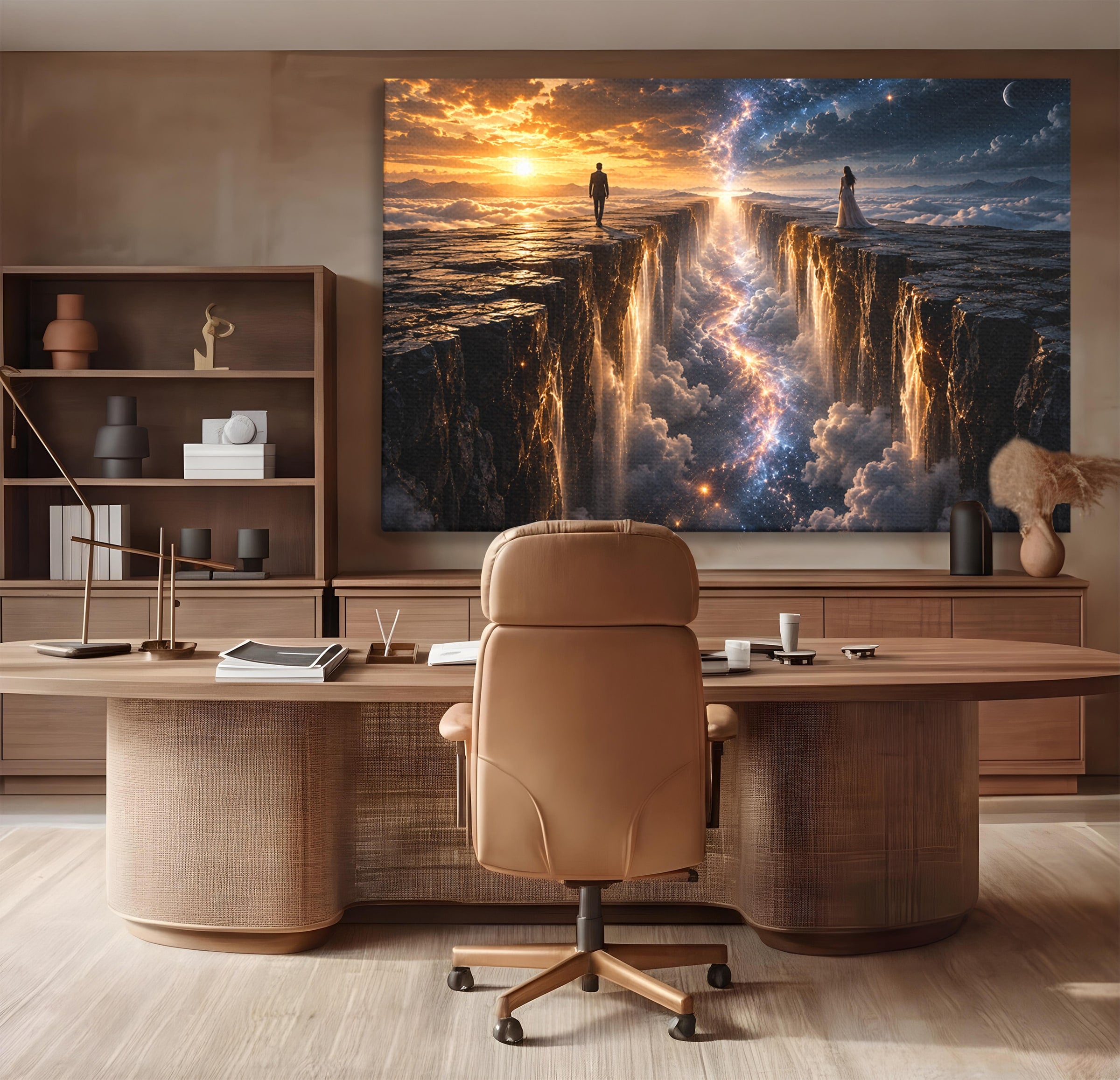 Tablou Canvas Premium LuxCanva® U1083, Intalnirea Pe Podul Cerului, Apus, Cuplu, Natura, Fantezie, Dormitor, Culori Vibrante