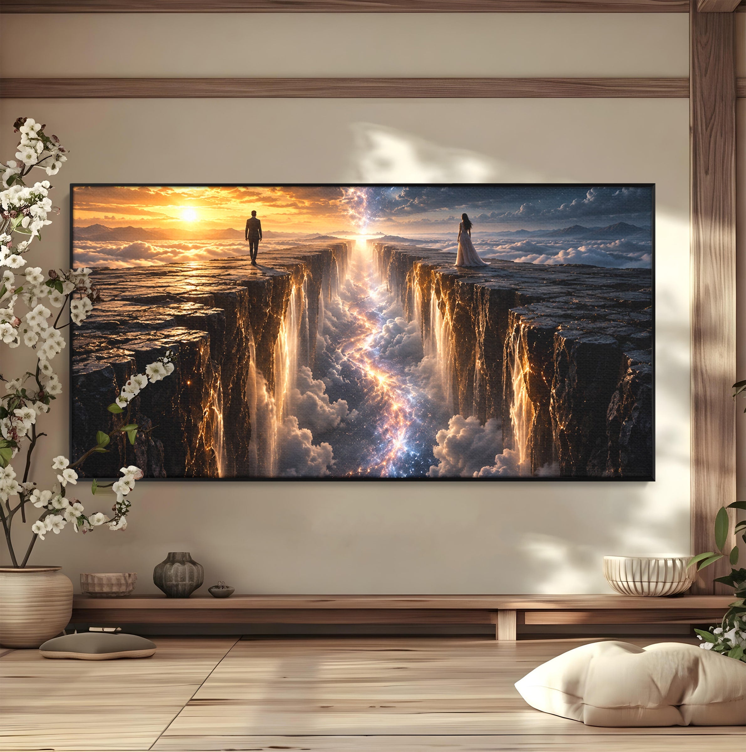 Tablou Canvas Premium LuxCanva® U1083, Intalnirea Pe Podul Cerului, Apus, Cuplu, Natura, Fantezie, Dormitor, Culori Vibrante