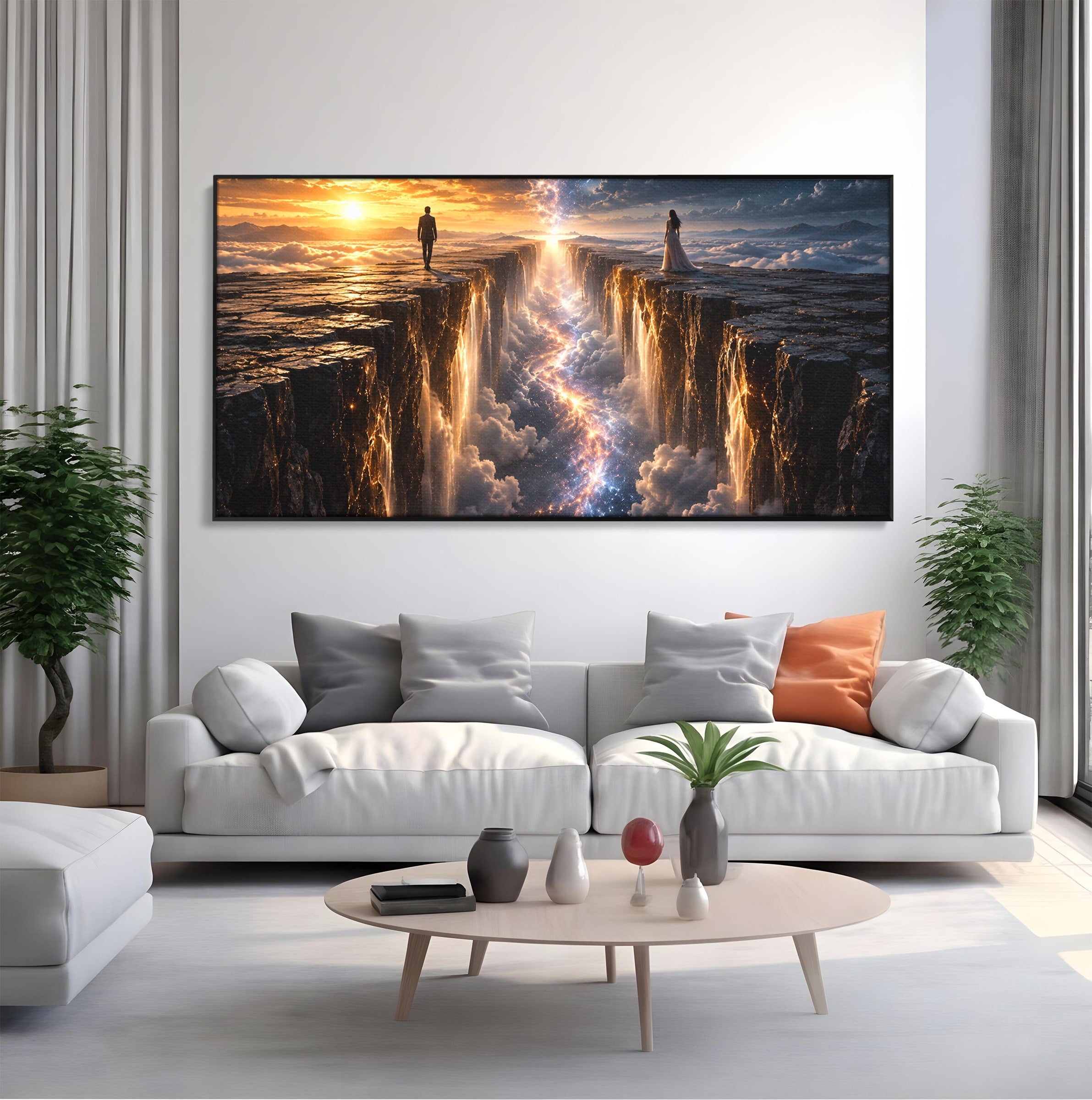 Tablou Canvas Premium LuxCanva® U1083, Intalnirea Pe Podul Cerului, Apus, Cuplu, Natura, Fantezie, Dormitor, Culori Vibrante
