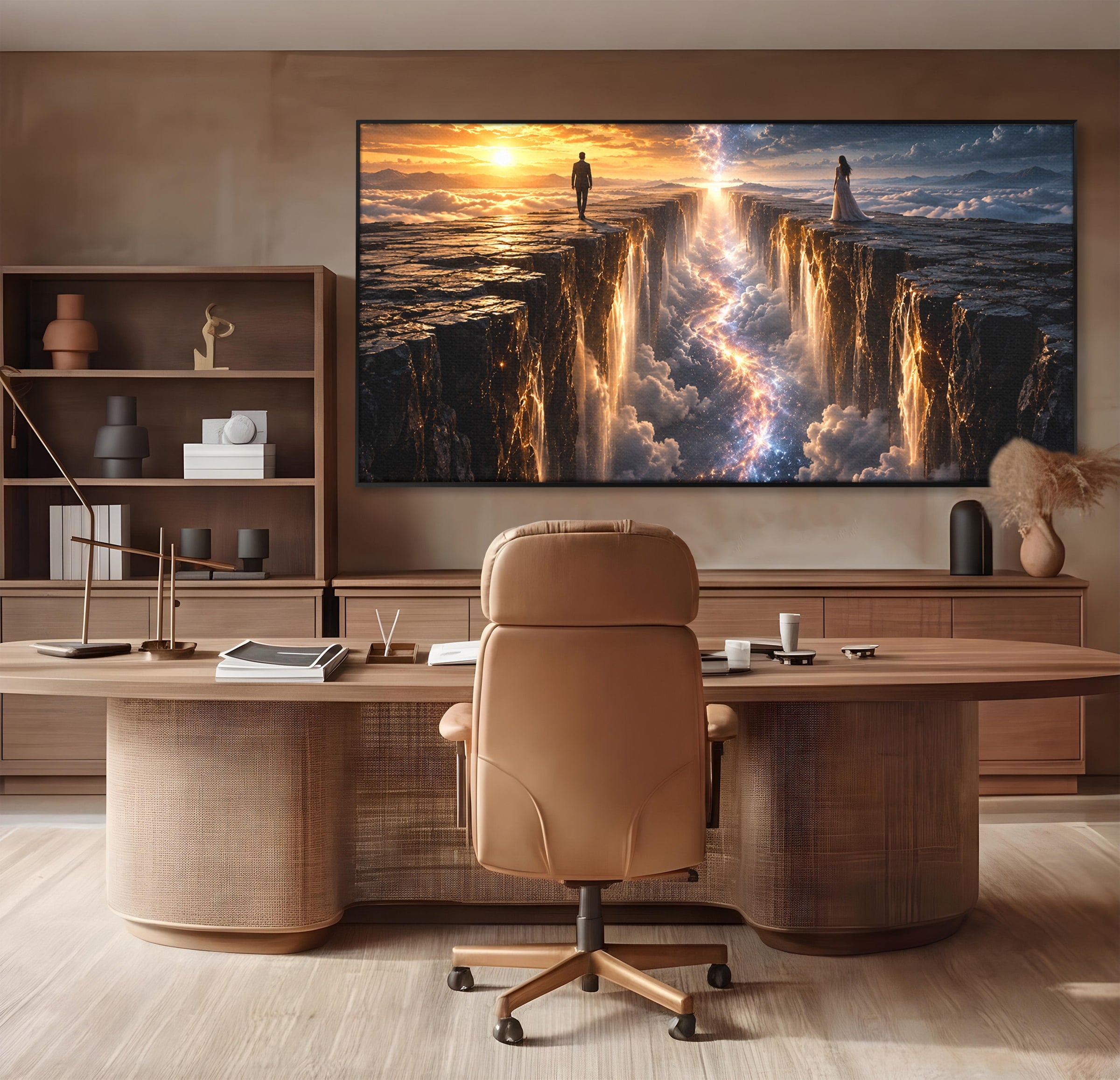 Tablou Canvas Premium LuxCanva® U1083, Intalnirea Pe Podul Cerului, Apus, Cuplu, Natura, Fantezie, Dormitor, Culori Vibrante