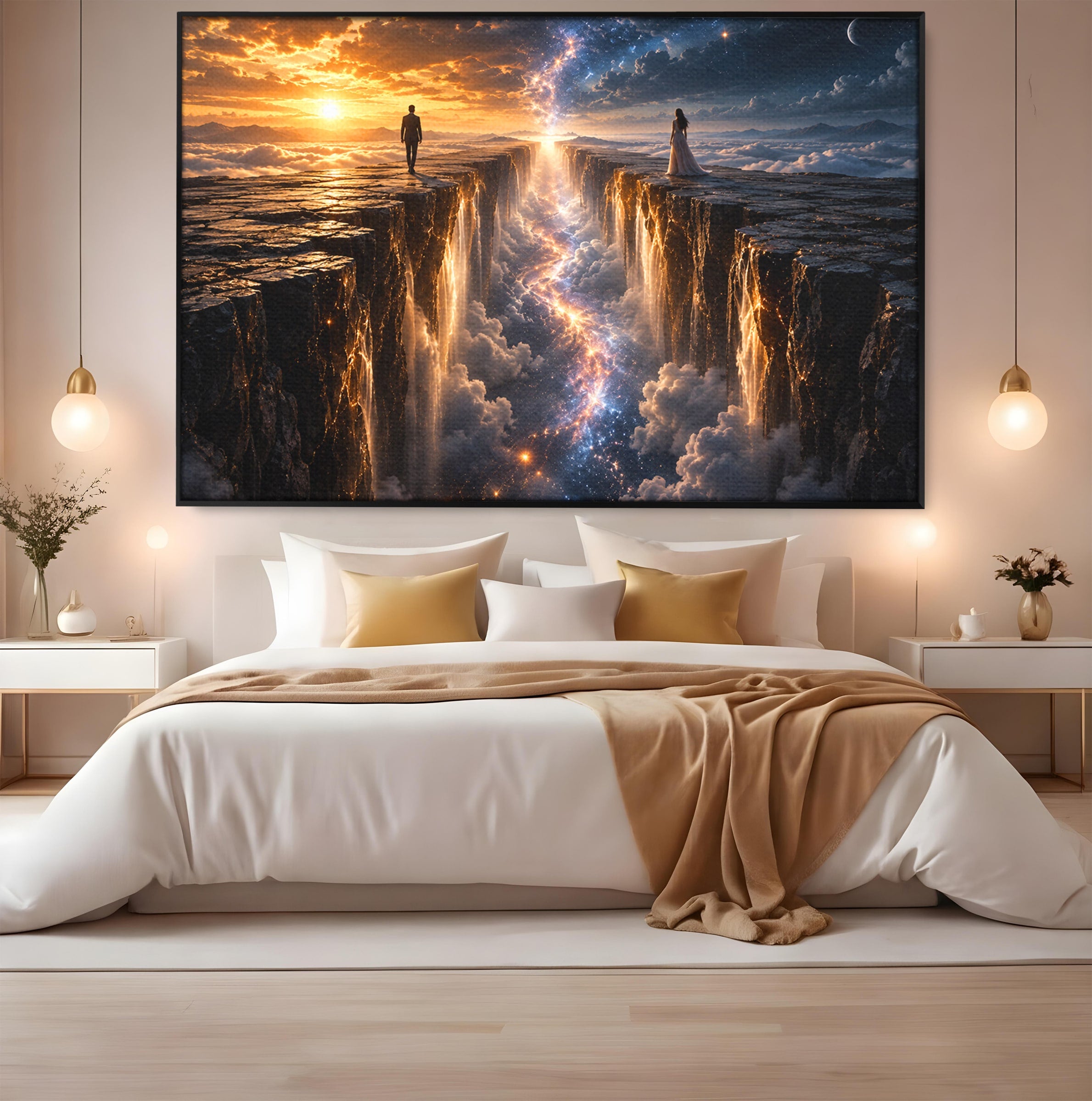 Tablou Canvas Premium LuxCanva® U1083, Intalnirea Pe Podul Cerului, Apus, Cuplu, Natura, Fantezie, Dormitor, Culori Vibrante