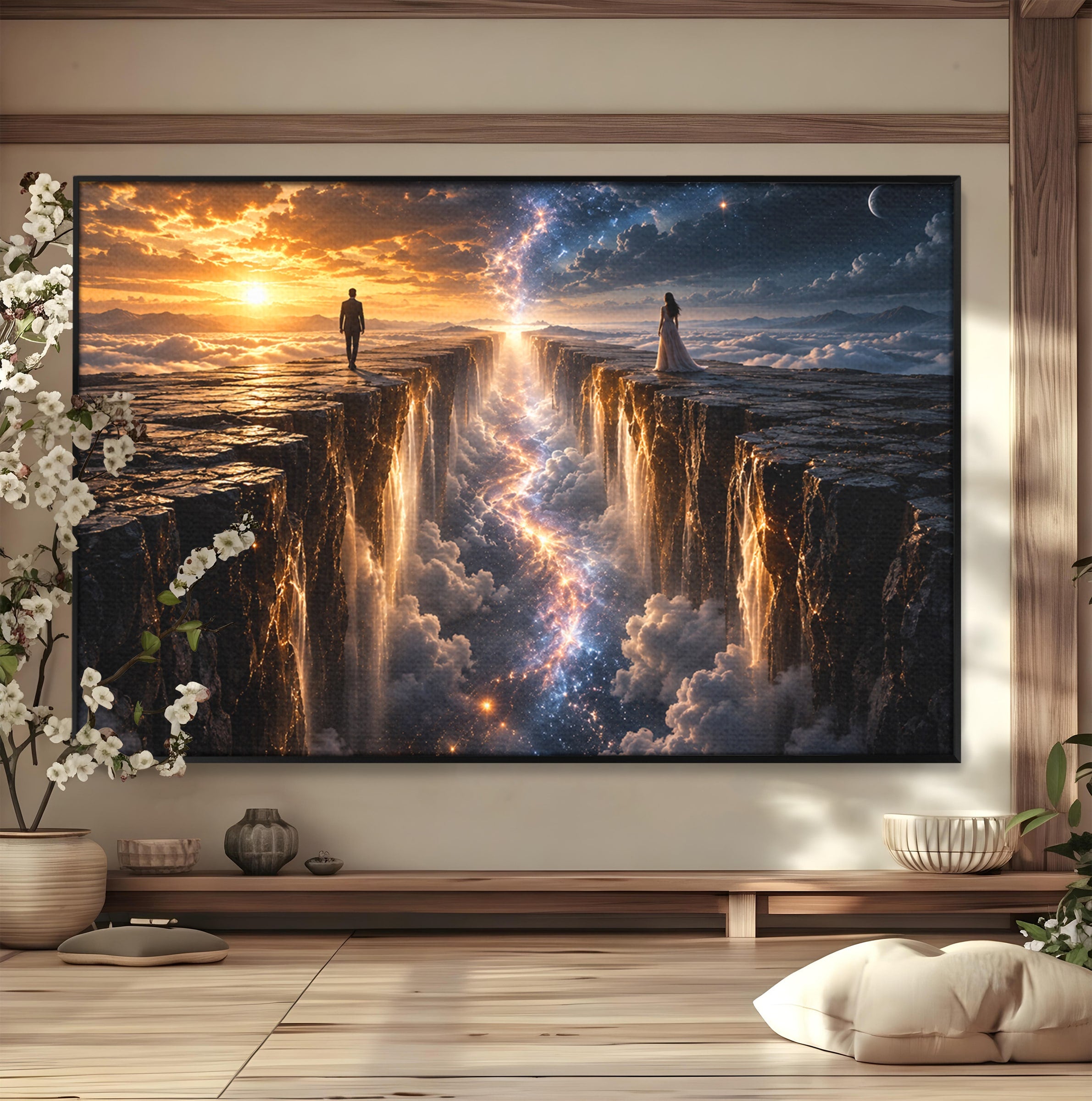 Tablou Canvas Premium LuxCanva® U1083, Intalnirea Pe Podul Cerului, Apus, Cuplu, Natura, Fantezie, Dormitor, Culori Vibrante