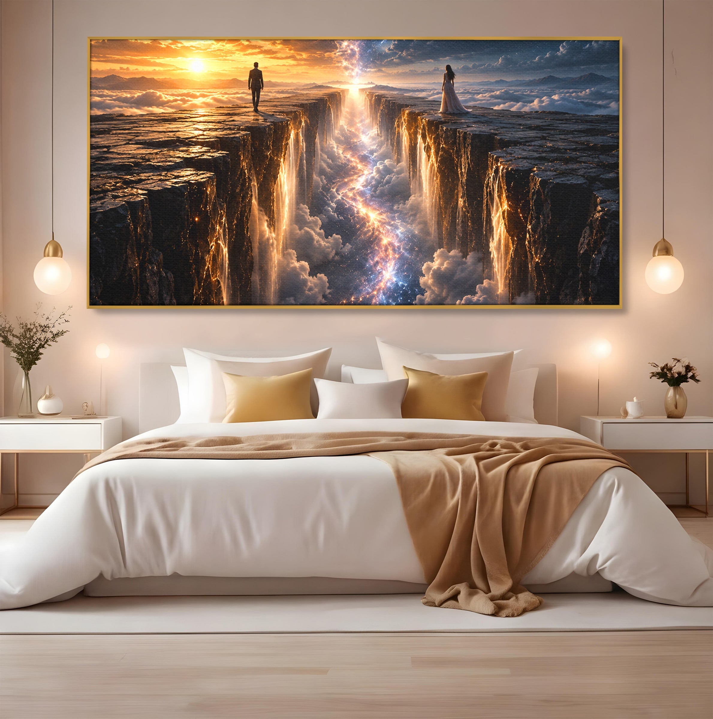 Tablou Canvas Premium LuxCanva® U1083, Intalnirea Pe Podul Cerului, Apus, Cuplu, Natura, Fantezie, Dormitor, Culori Vibrante