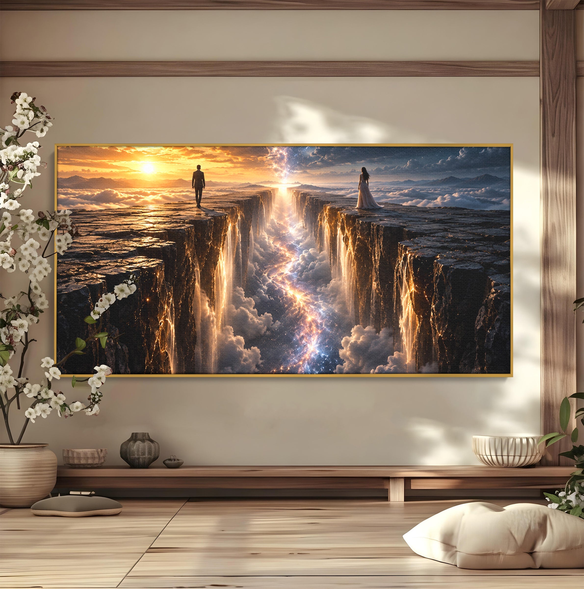 Tablou Canvas Premium LuxCanva® U1083, Intalnirea Pe Podul Cerului, Apus, Cuplu, Natura, Fantezie, Dormitor, Culori Vibrante