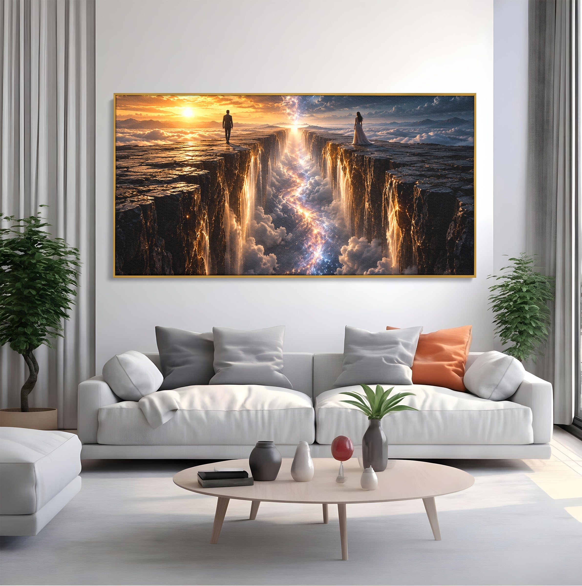 Tablou Canvas Premium LuxCanva® U1083, Intalnirea Pe Podul Cerului, Apus, Cuplu, Natura, Fantezie, Dormitor, Culori Vibrante