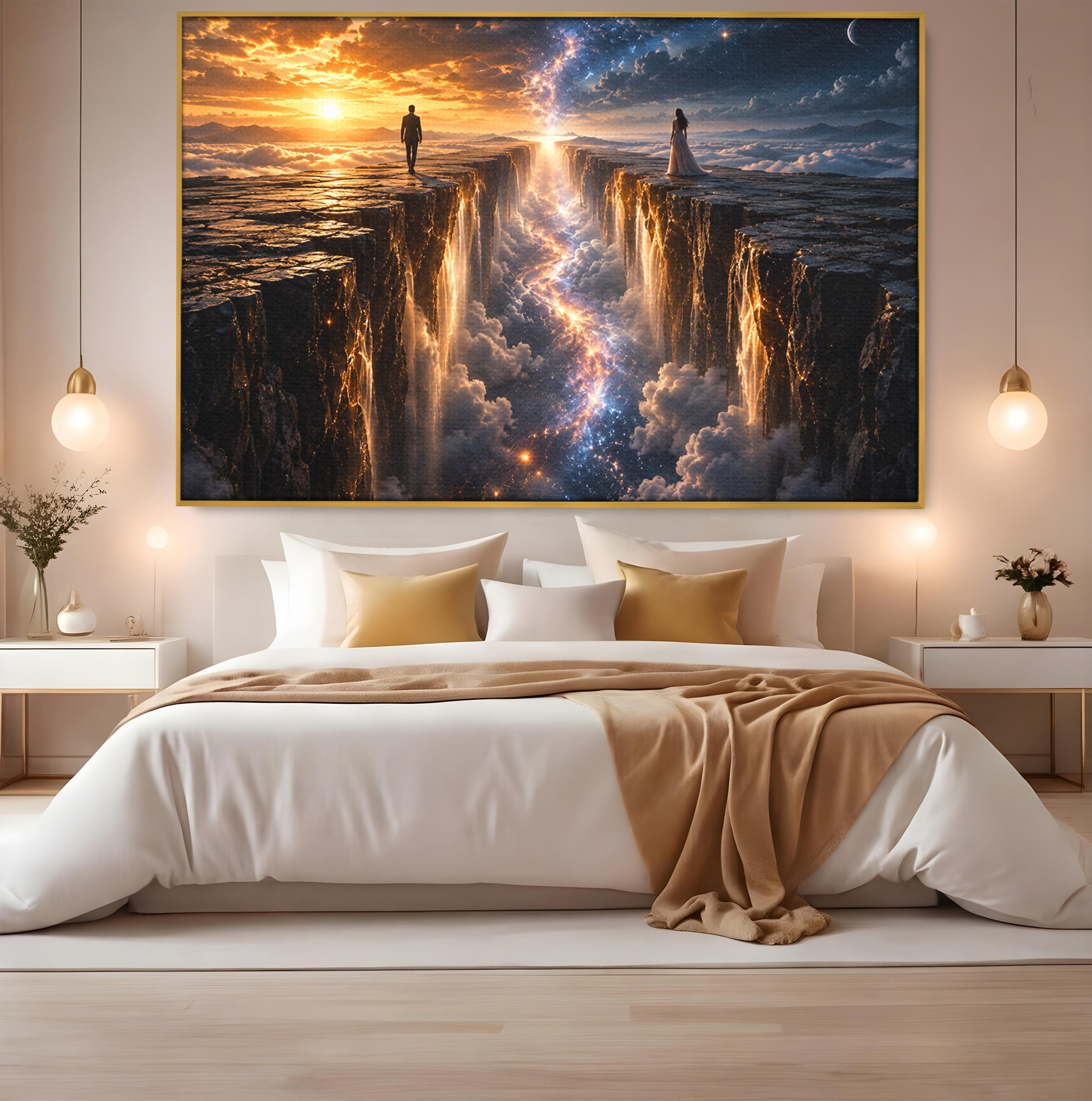 Tablou Canvas Premium LuxCanva® U1083, Intalnirea Pe Podul Cerului, Apus, Cuplu, Natura, Fantezie, Dormitor, Culori Vibrante