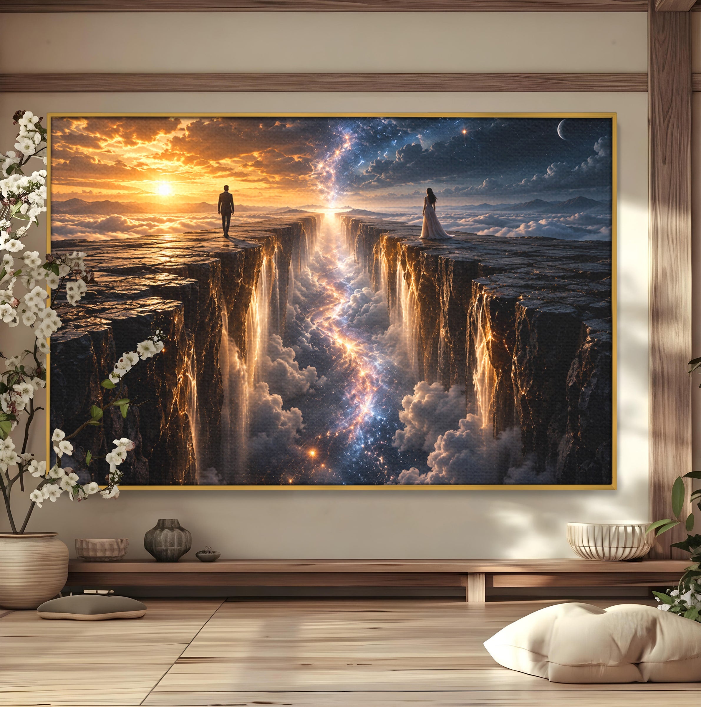 Tablou Canvas Premium LuxCanva® U1083, Intalnirea Pe Podul Cerului, Apus, Cuplu, Natura, Fantezie, Dormitor, Culori Vibrante
