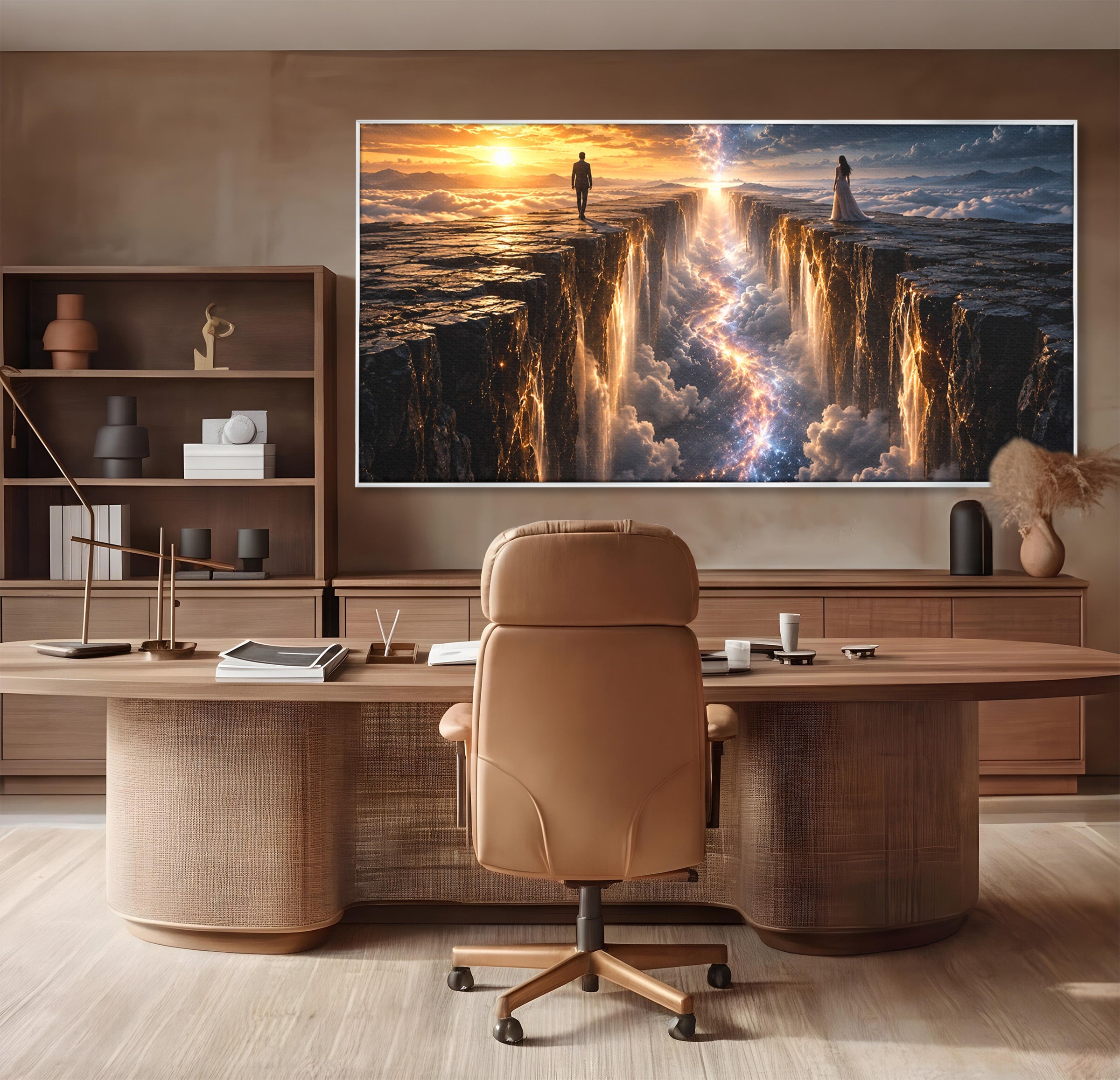 Tablou Canvas Premium LuxCanva® U1083, Intalnirea Pe Podul Cerului, Apus, Cuplu, Natura, Fantezie, Dormitor, Culori Vibrante