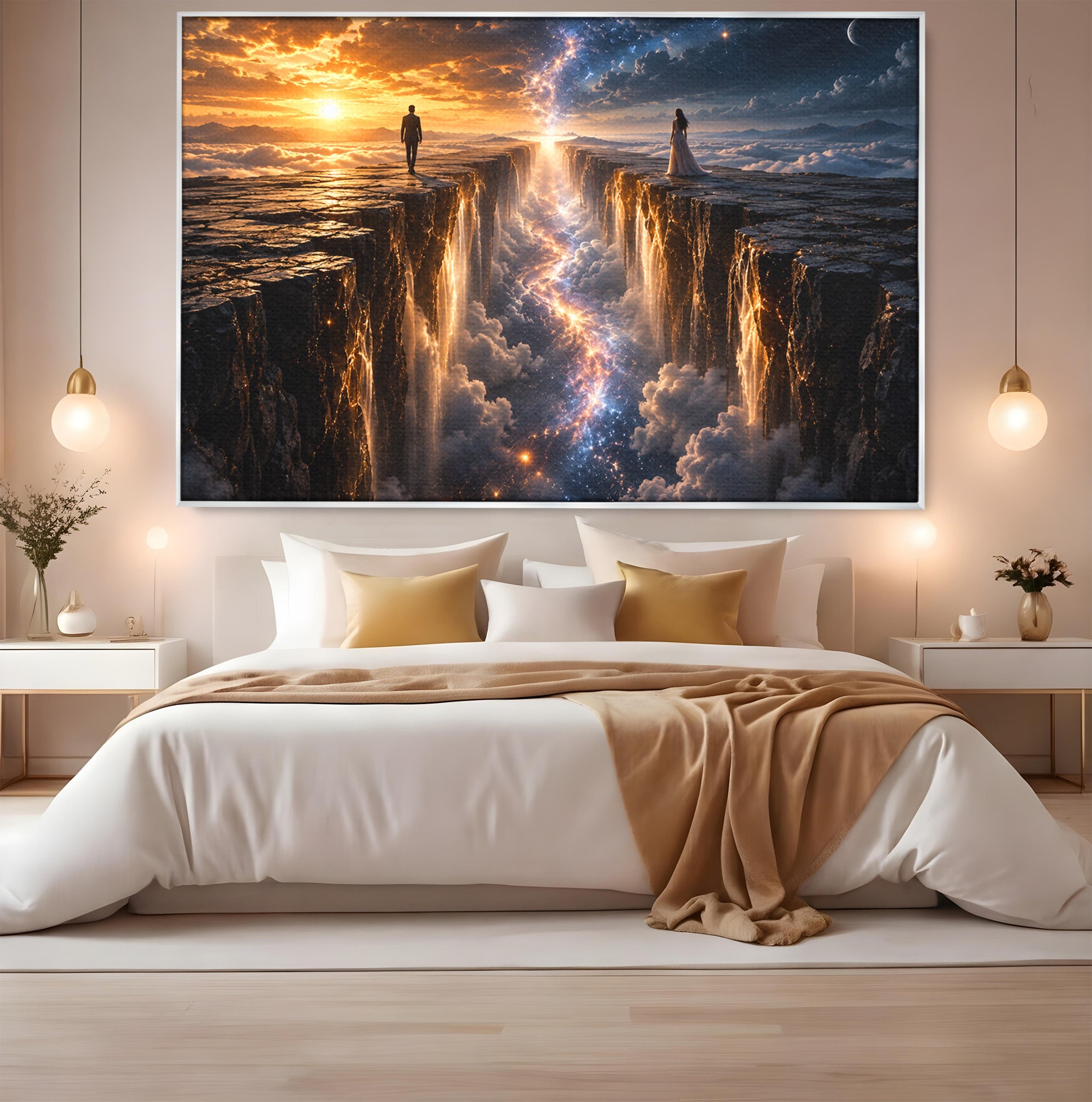 Tablou Canvas Premium LuxCanva® U1083, Intalnirea Pe Podul Cerului, Apus, Cuplu, Natura, Fantezie, Dormitor, Culori Vibrante
