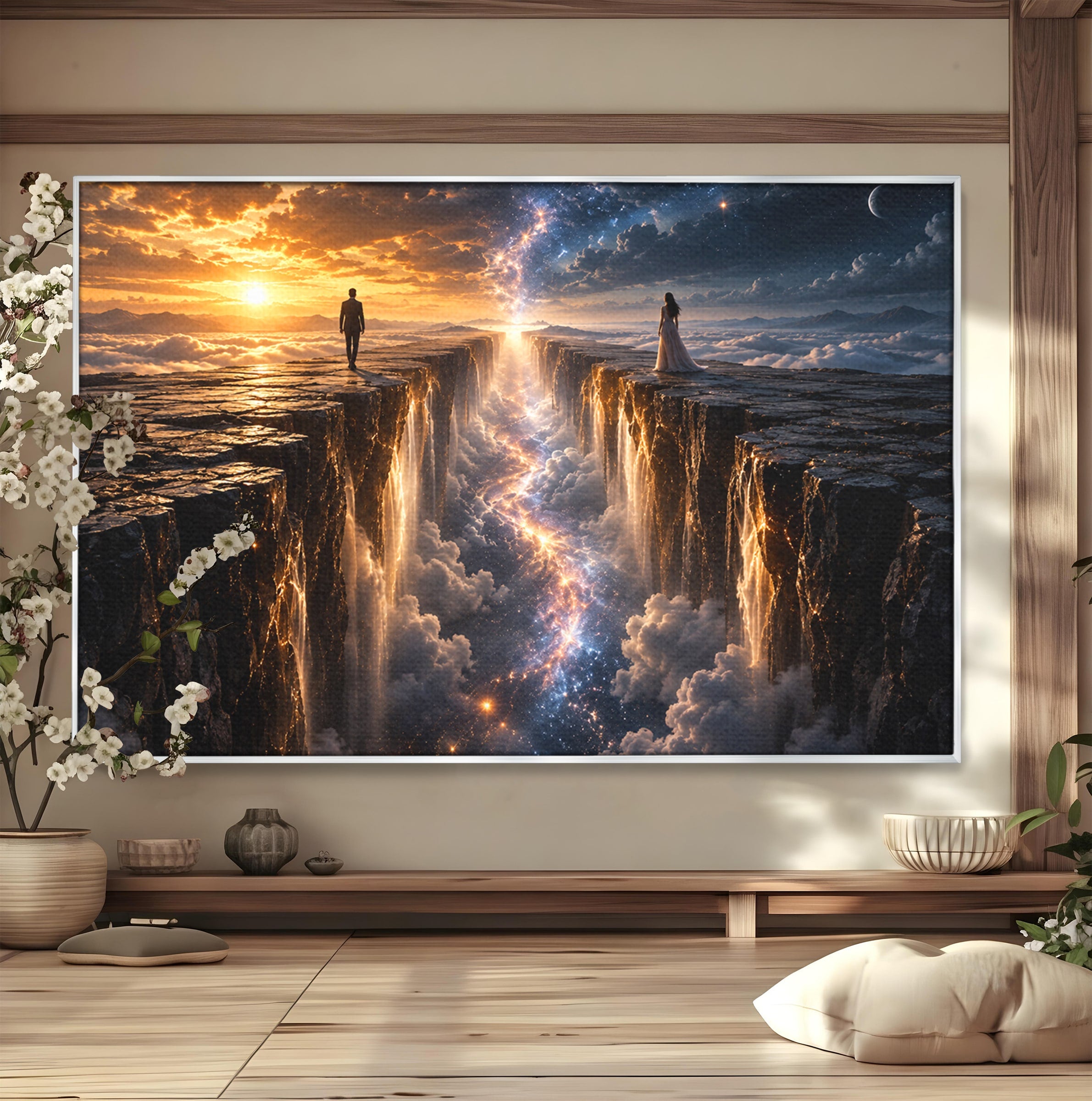 Tablou Canvas Premium LuxCanva® U1083, Intalnirea Pe Podul Cerului, Apus, Cuplu, Natura, Fantezie, Dormitor, Culori Vibrante