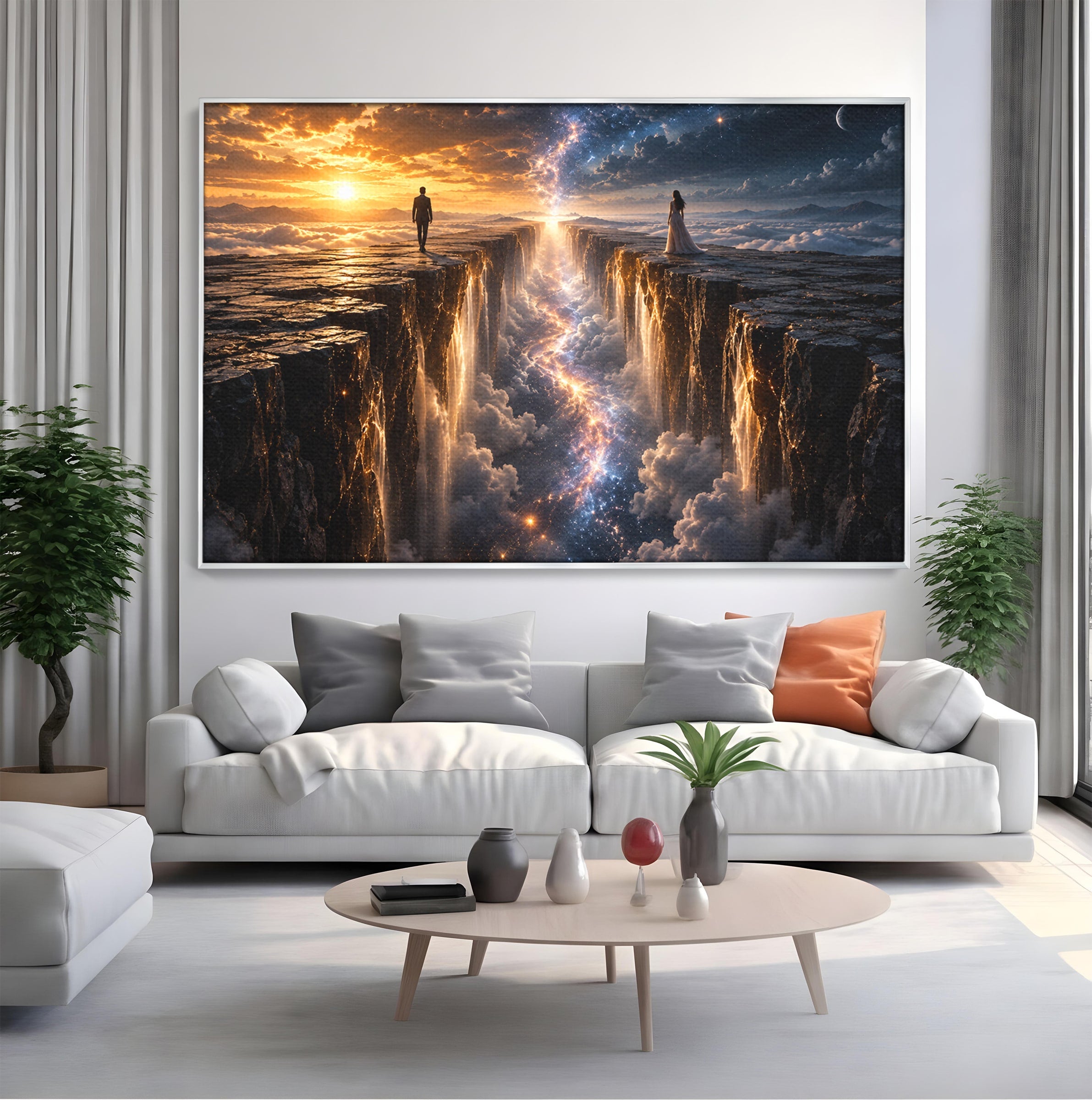 Tablou Canvas Premium LuxCanva® U1083, Intalnirea Pe Podul Cerului, Apus, Cuplu, Natura, Fantezie, Dormitor, Culori Vibrante