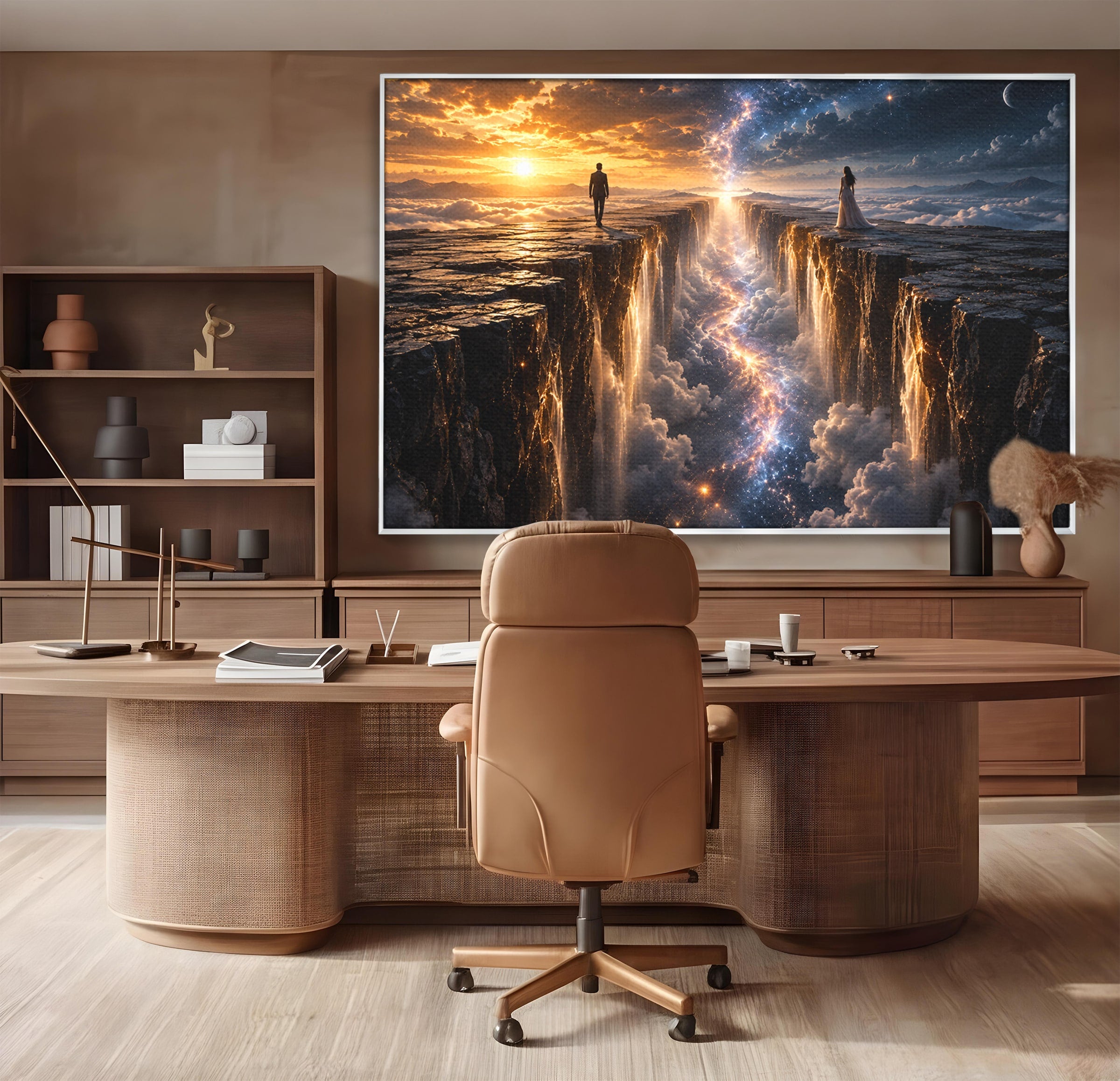Tablou Canvas Premium LuxCanva® U1083, Intalnirea Pe Podul Cerului, Apus, Cuplu, Natura, Fantezie, Dormitor, Culori Vibrante