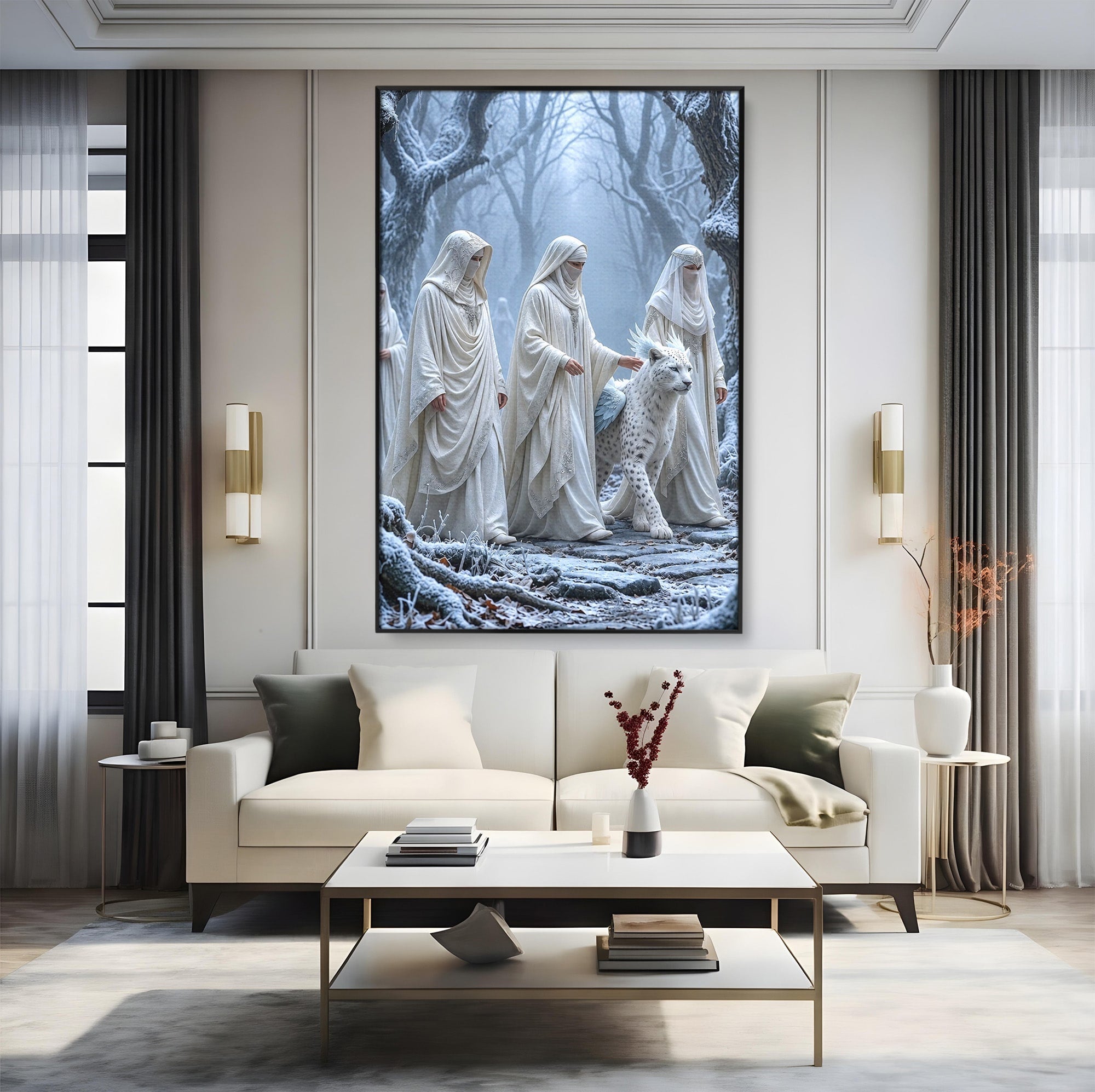 Tablou Canvas Premium LuxCanva® U1086, Calatorie Mistica, Iarna, Padure, Figuri Mistice, Animale, Misticism, Dormitor, Culori Vibrante