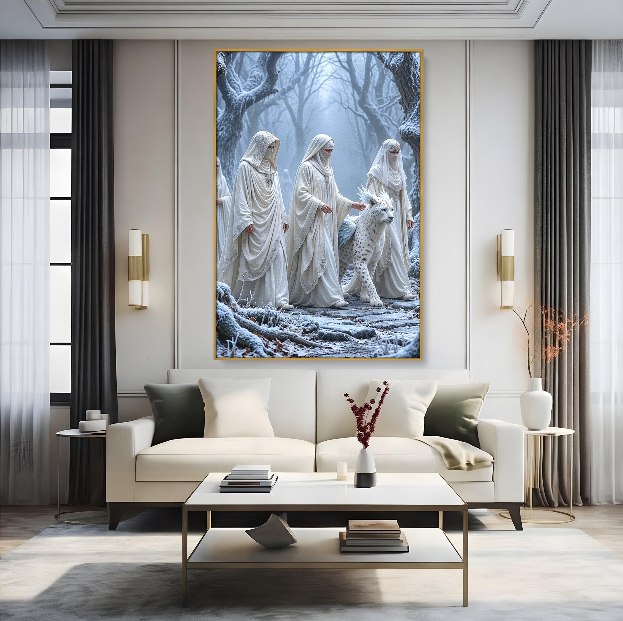 Tablou Canvas Premium LuxCanva® U1086, Calatorie Mistica, Iarna, Padure, Figuri Mistice, Animale, Misticism, Dormitor, Culori Vibrante