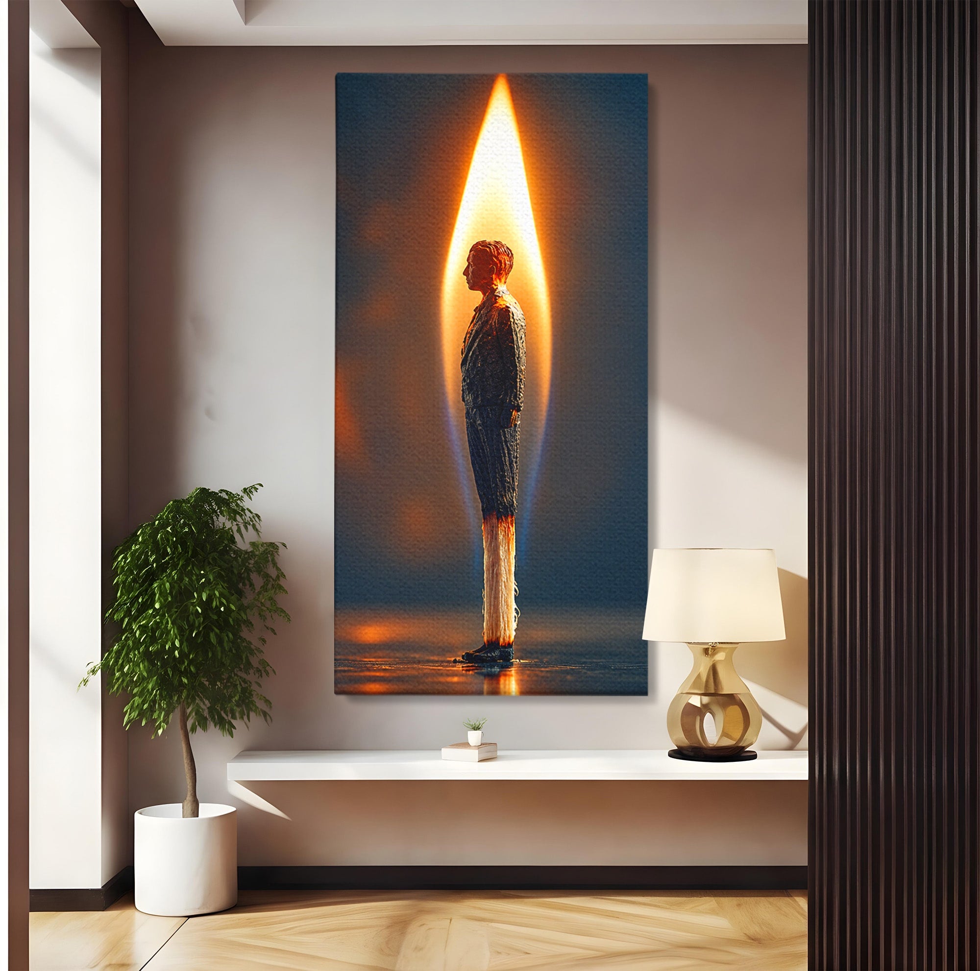 Tablou Canvas Premium LuxCanva® U1087, Omul Flacara, Arta Contemporana, Reflectie, Flacara, Om, Living, Birou, Culori Vibrante