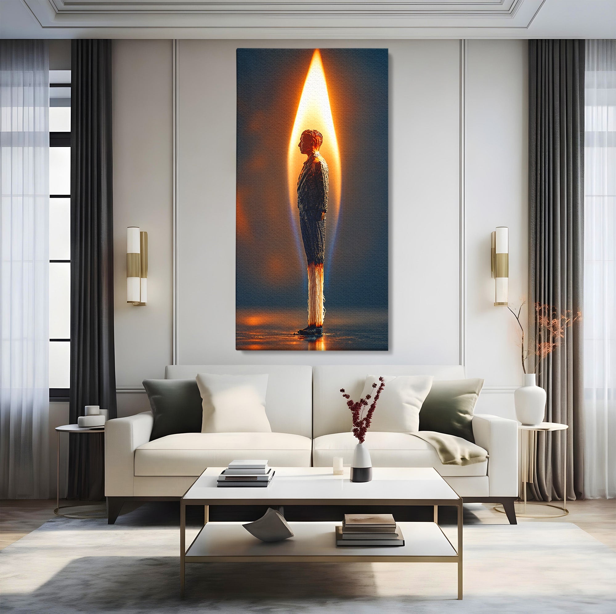 Tablou Canvas Premium LuxCanva® U1087, Omul Flacara, Arta Contemporana, Reflectie, Flacara, Om, Living, Birou, Culori Vibrante