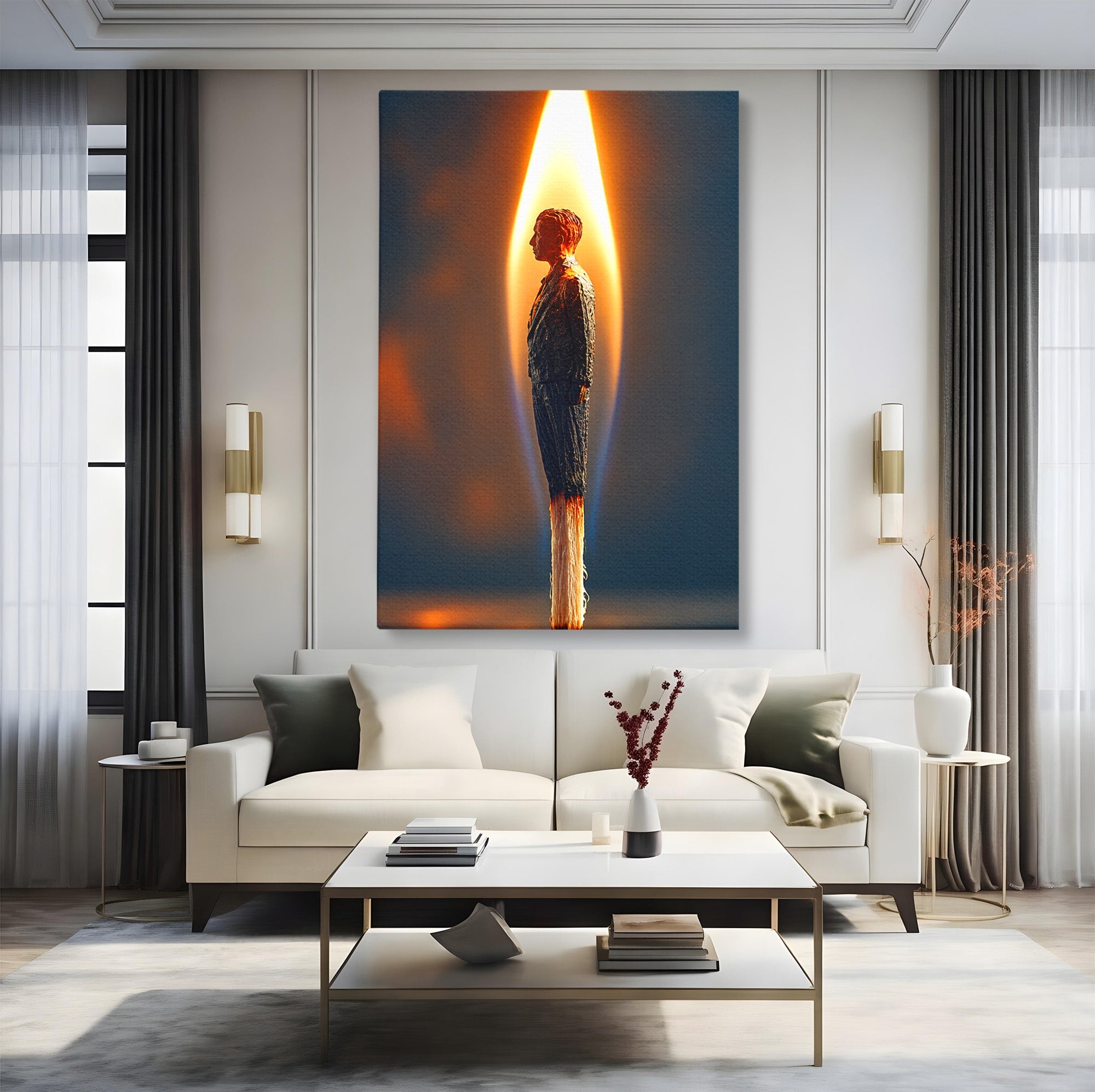 Tablou Canvas Premium LuxCanva® U1087, Omul Flacara, Arta Contemporana, Reflectie, Flacara, Om, Living, Birou, Culori Vibrante