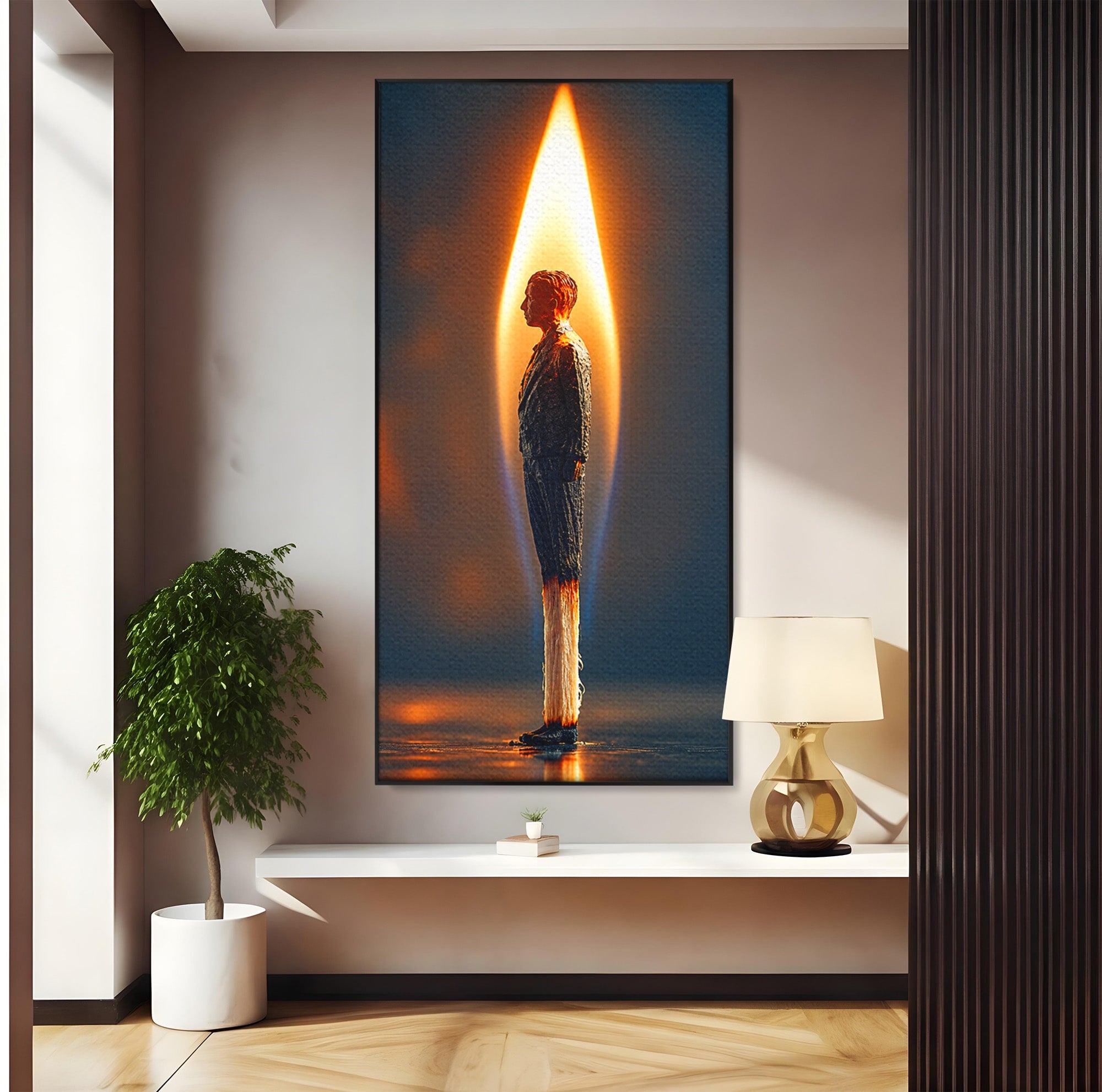 Tablou Canvas Premium LuxCanva® U1087, Omul Flacara, Arta Contemporana, Reflectie, Flacara, Om, Living, Birou, Culori Vibrante