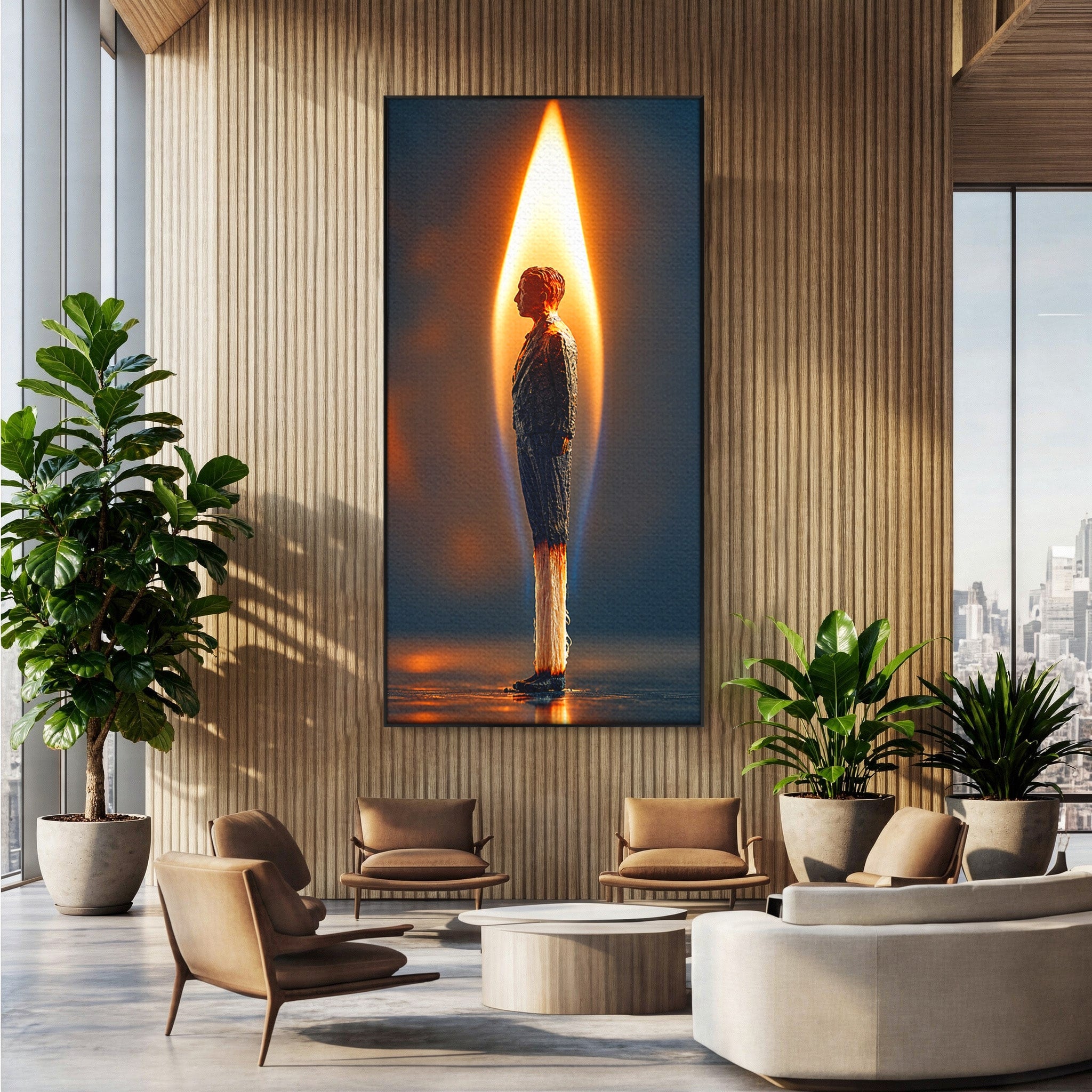 Tablou Canvas Premium LuxCanva® U1087, Omul Flacara, Arta Contemporana, Reflectie, Flacara, Om, Living, Birou, Culori Vibrante