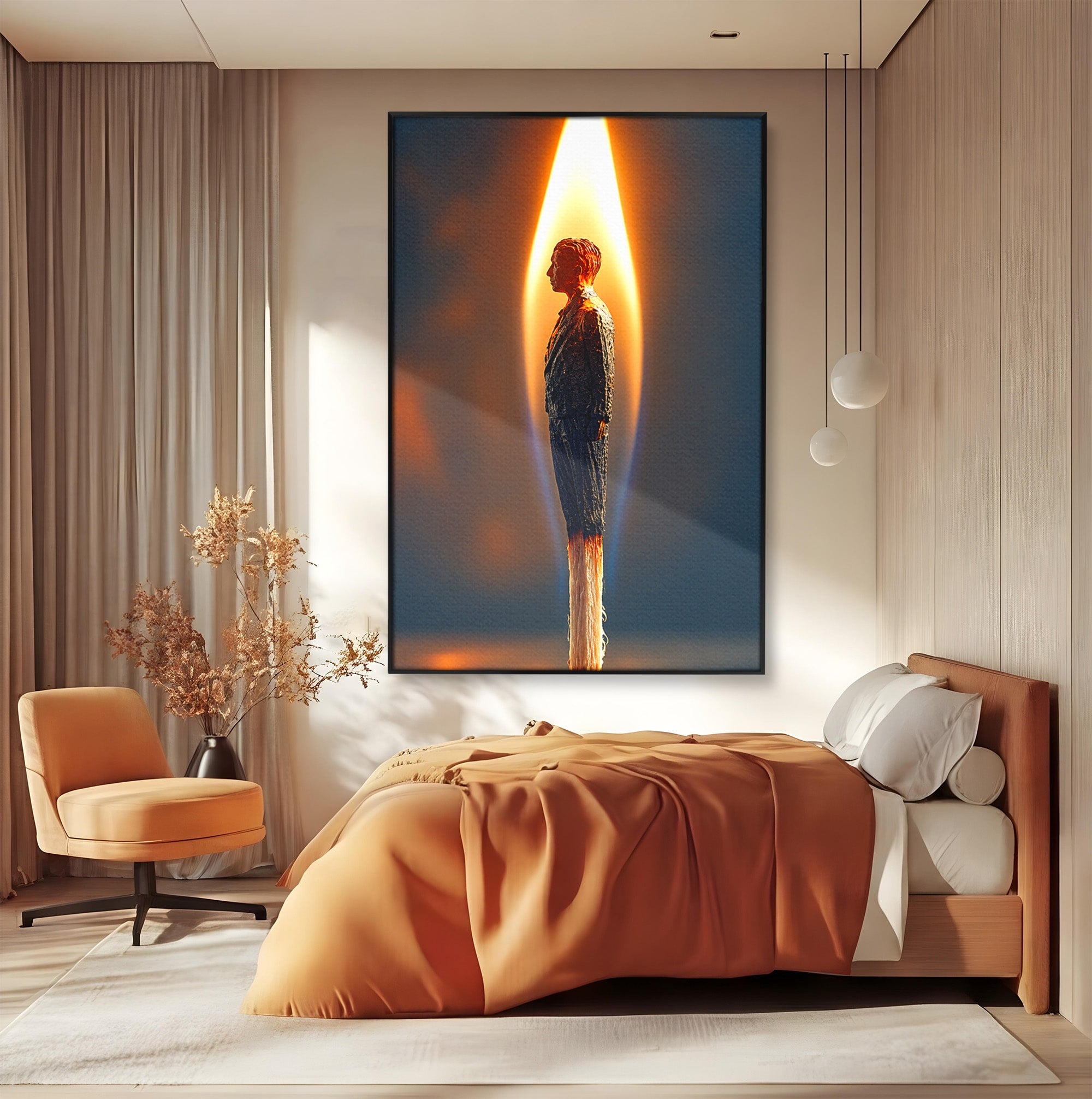 Tablou Canvas Premium LuxCanva® U1087, Omul Flacara, Arta Contemporana, Reflectie, Flacara, Om, Living, Birou, Culori Vibrante