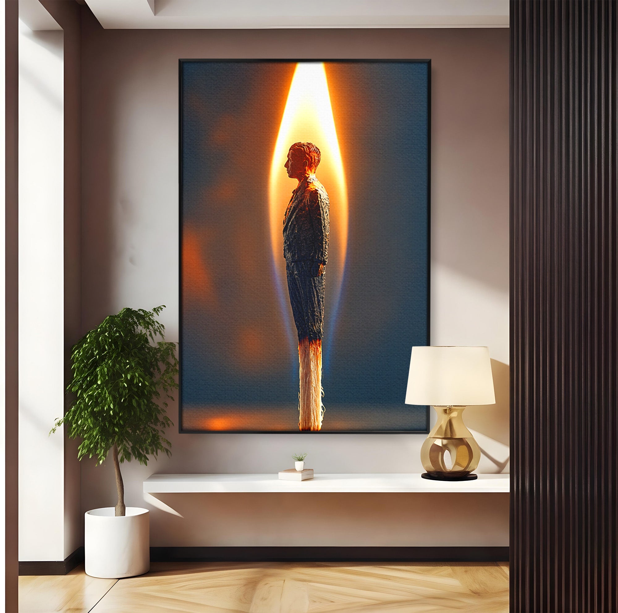 Tablou Canvas Premium LuxCanva® U1087, Omul Flacara, Arta Contemporana, Reflectie, Flacara, Om, Living, Birou, Culori Vibrante