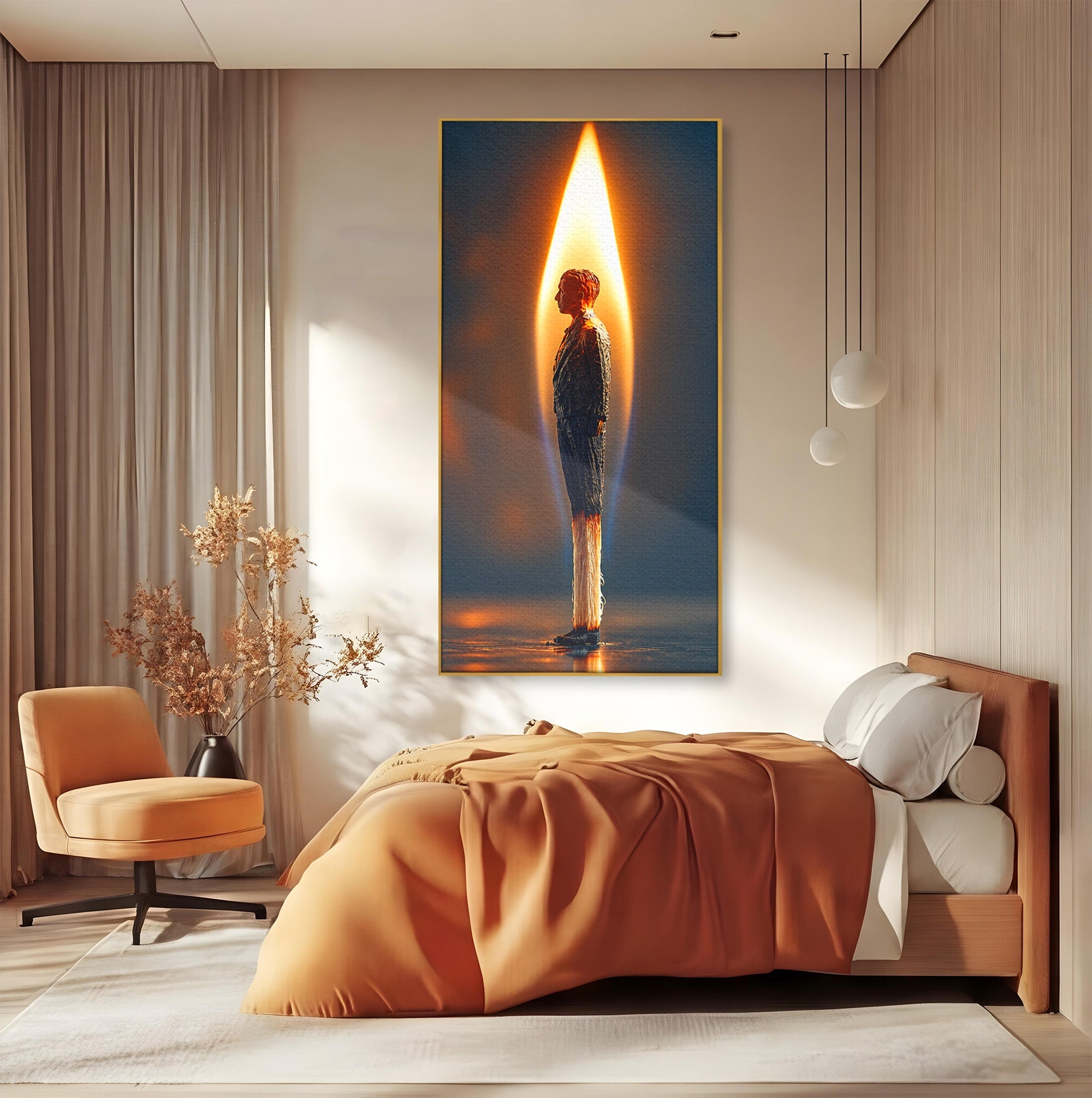 Tablou Canvas Premium LuxCanva® U1087, Omul Flacara, Arta Contemporana, Reflectie, Flacara, Om, Living, Birou, Culori Vibrante