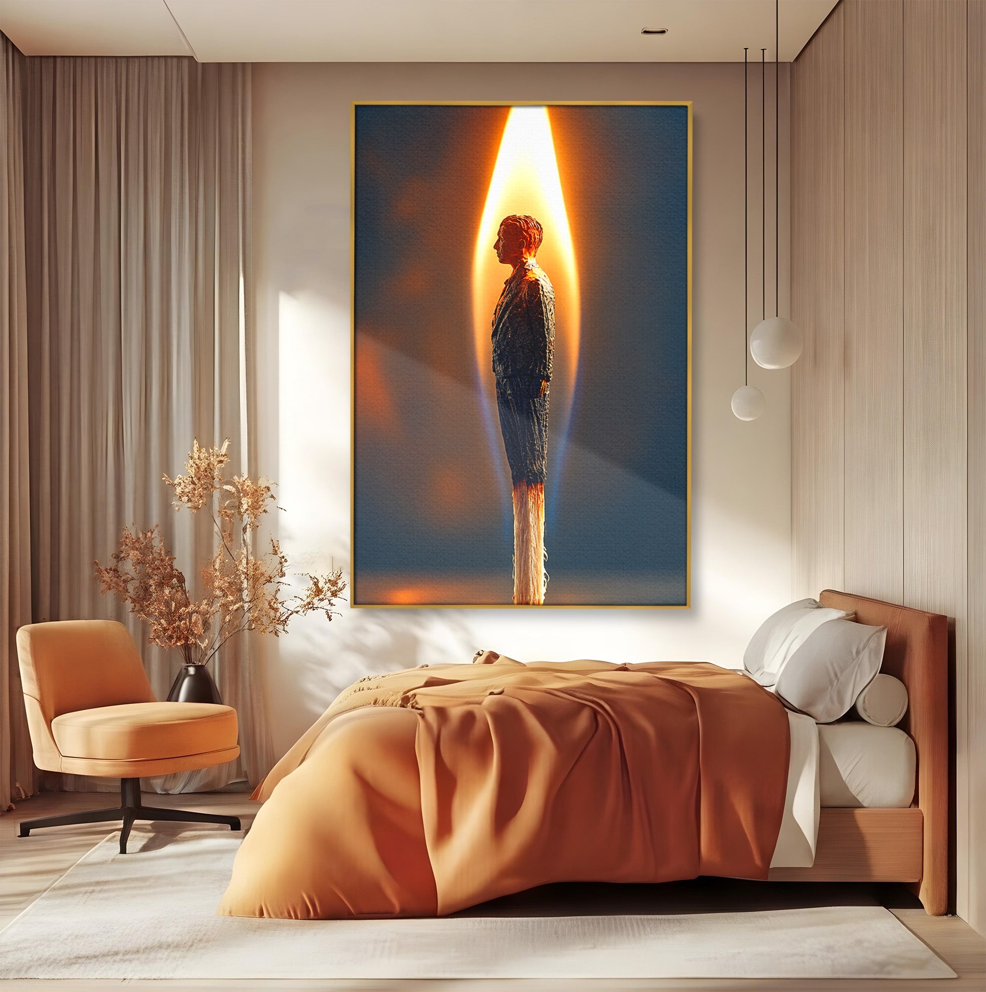 Tablou Canvas Premium LuxCanva® U1087, Omul Flacara, Arta Contemporana, Reflectie, Flacara, Om, Living, Birou, Culori Vibrante