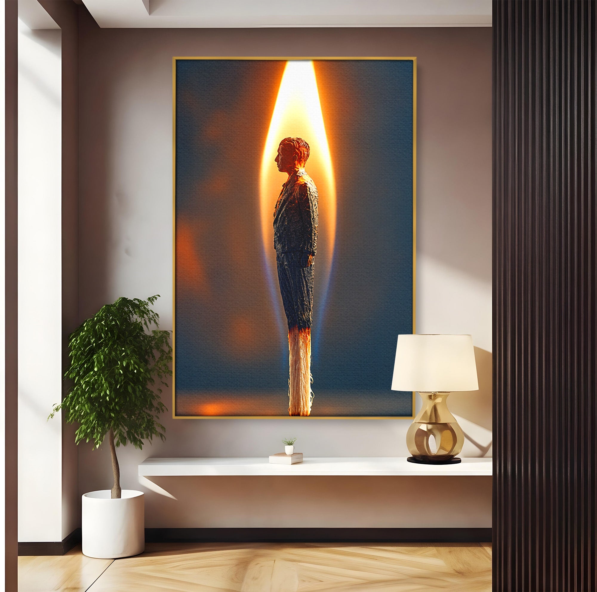 Tablou Canvas Premium LuxCanva® U1087, Omul Flacara, Arta Contemporana, Reflectie, Flacara, Om, Living, Birou, Culori Vibrante