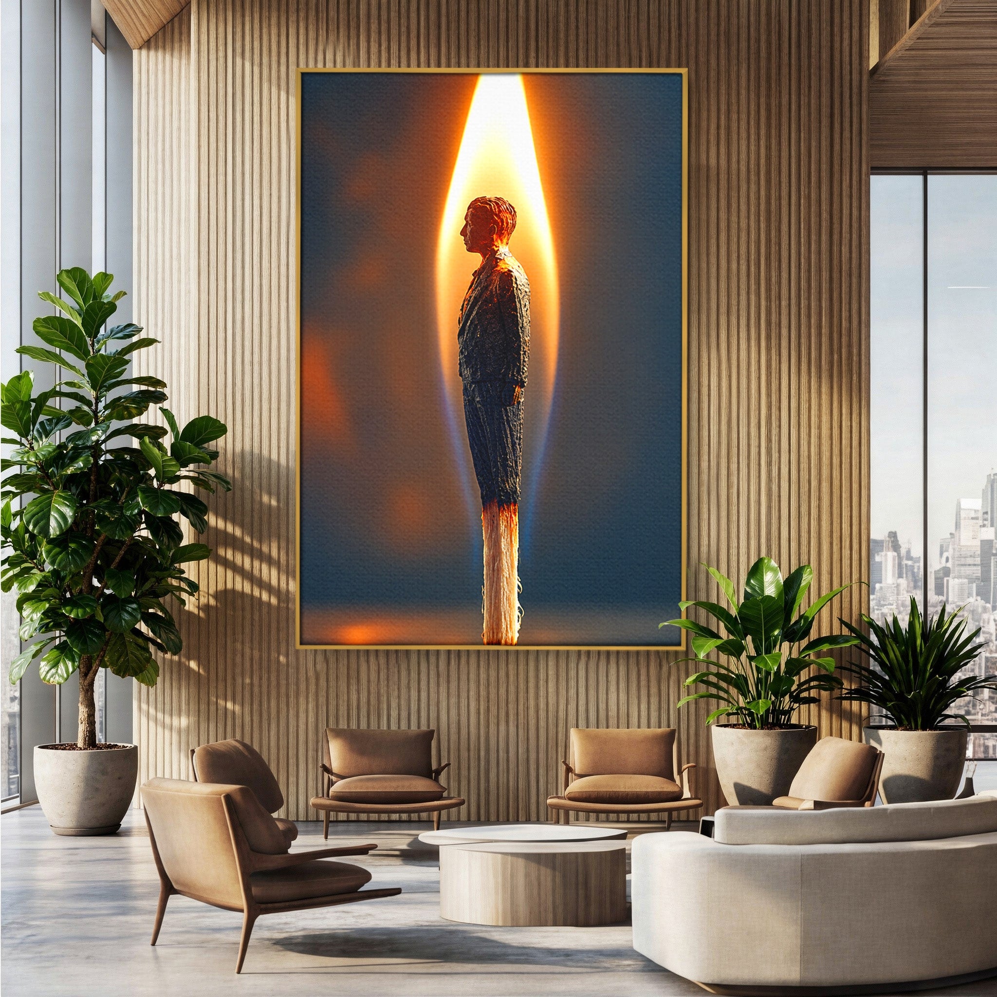 Tablou Canvas Premium LuxCanva® U1087, Omul Flacara, Arta Contemporana, Reflectie, Flacara, Om, Living, Birou, Culori Vibrante
