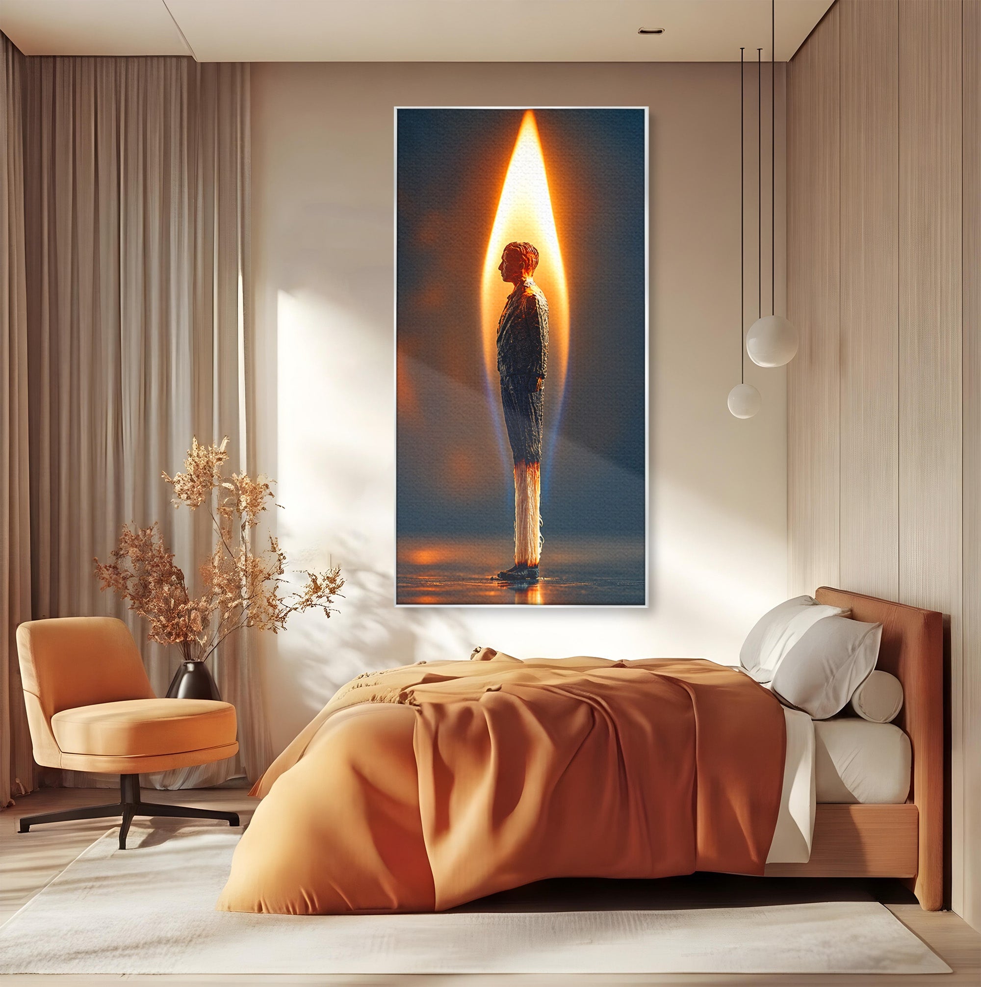 Tablou Canvas Premium LuxCanva® U1087, Omul Flacara, Arta Contemporana, Reflectie, Flacara, Om, Living, Birou, Culori Vibrante