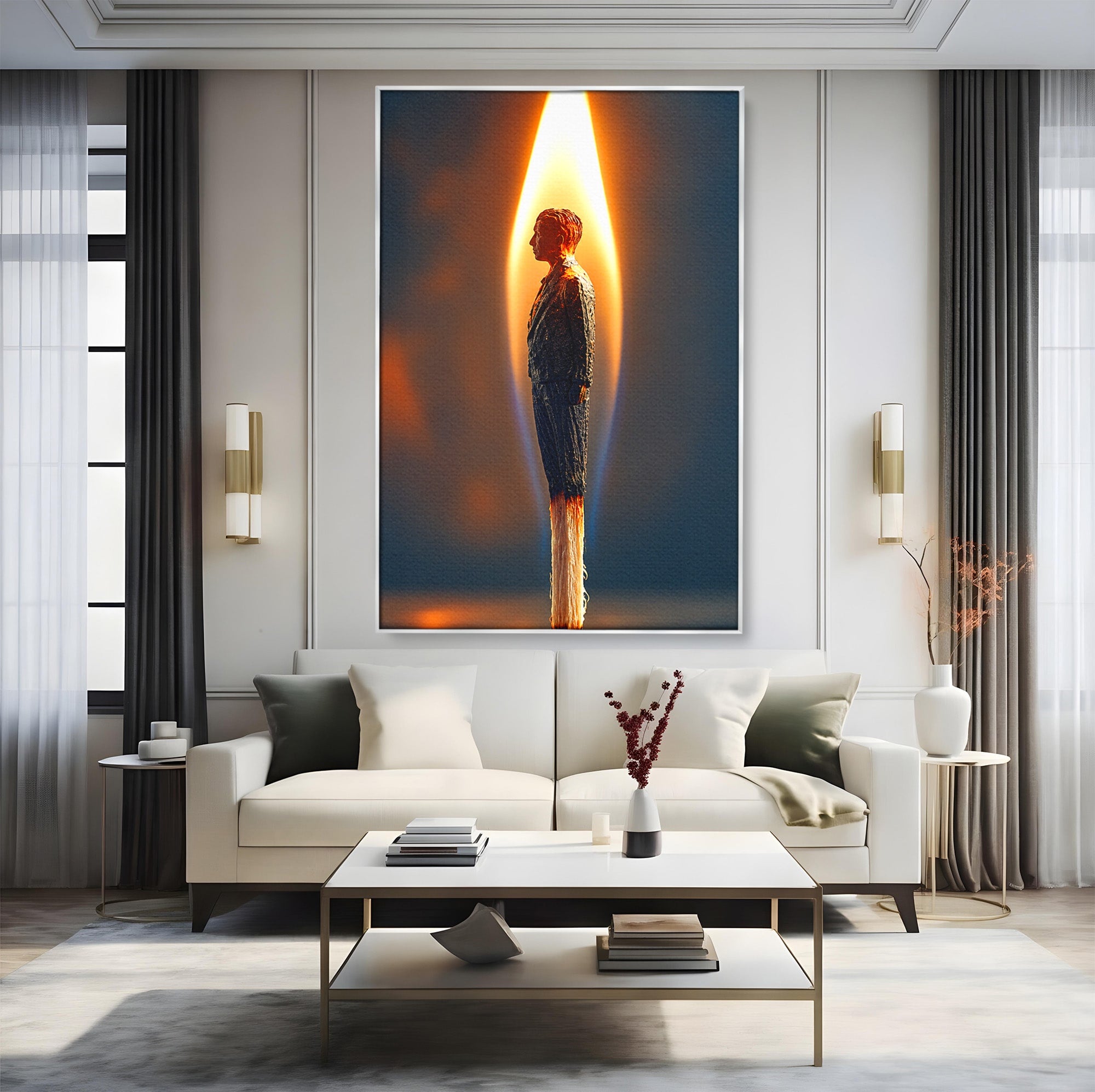 Tablou Canvas Premium LuxCanva® U1087, Omul Flacara, Arta Contemporana, Reflectie, Flacara, Om, Living, Birou, Culori Vibrante