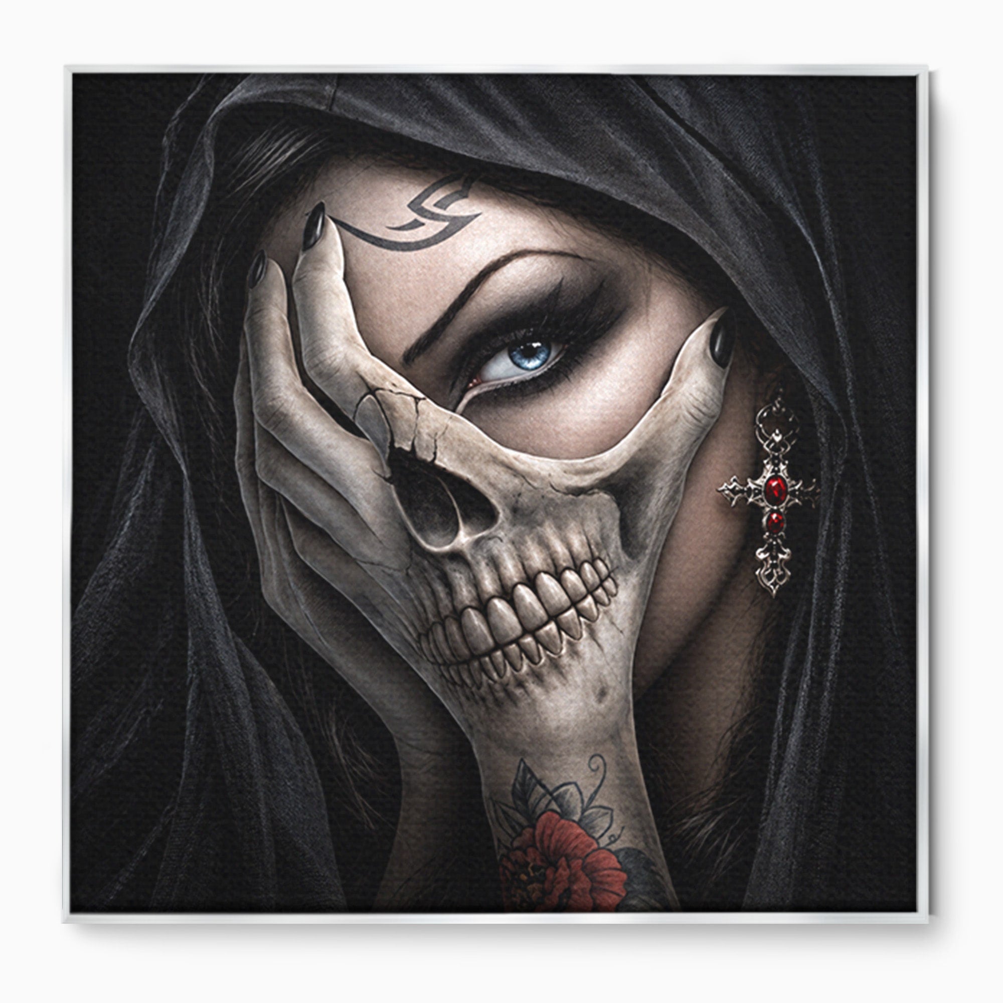 Tablou Canvas Premium LuxCanva® U1088, Privire Intunecata, Portret, Craniu, Mister, Intuneric, Detaliu, Dormitor, Living, Culori Vibrante