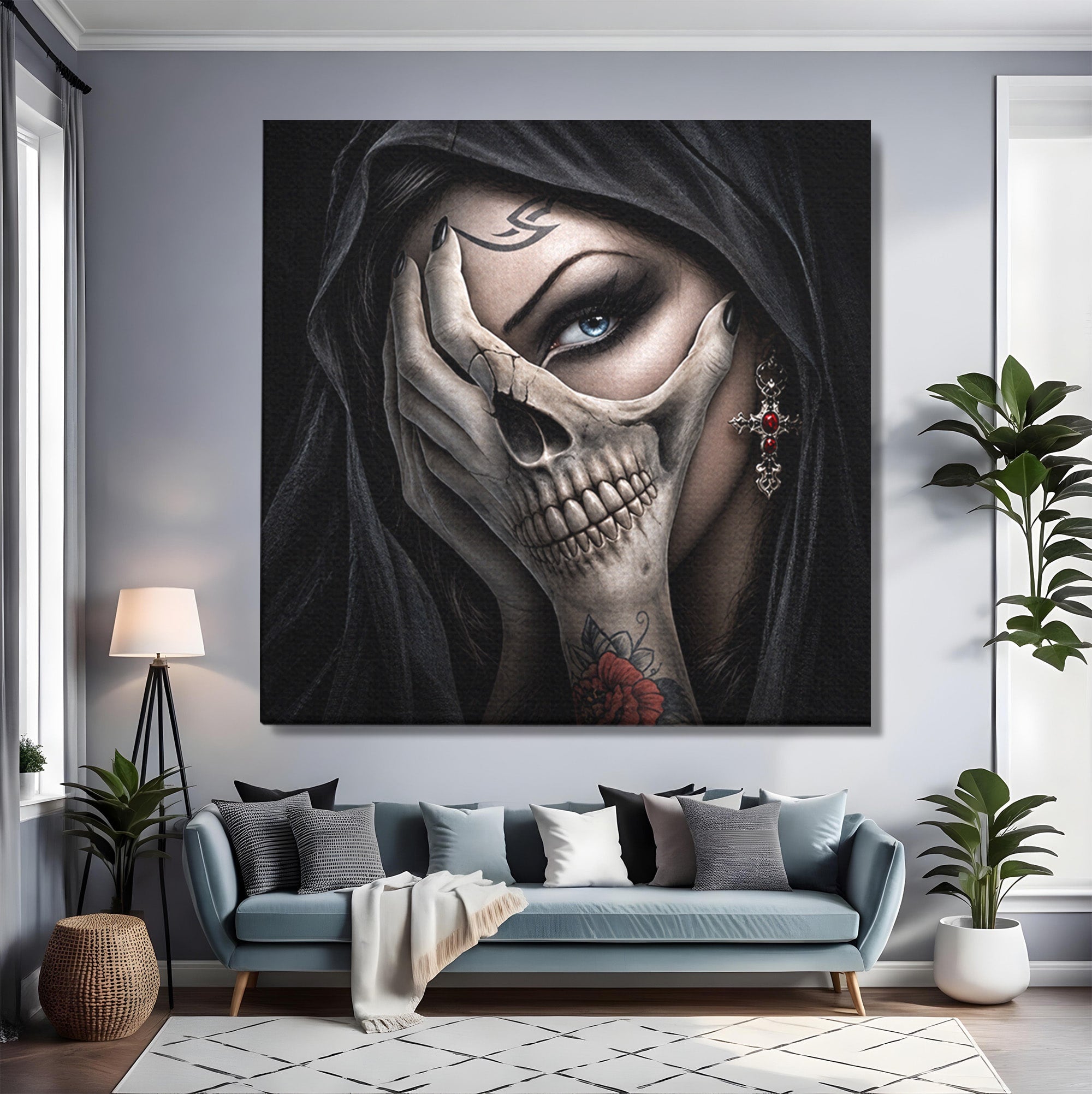 Tablou Canvas Premium LuxCanva® U1088, Privire Intunecata, Portret, Craniu, Mister, Intuneric, Detaliu, Dormitor, Living, Culori Vibrante