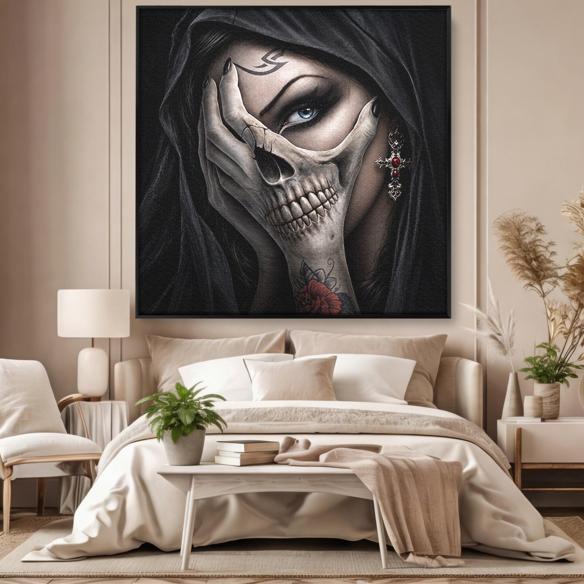 Tablou Canvas Premium LuxCanva® U1088, Privire Intunecata, Portret, Craniu, Mister, Intuneric, Detaliu, Dormitor, Living, Culori Vibrante
