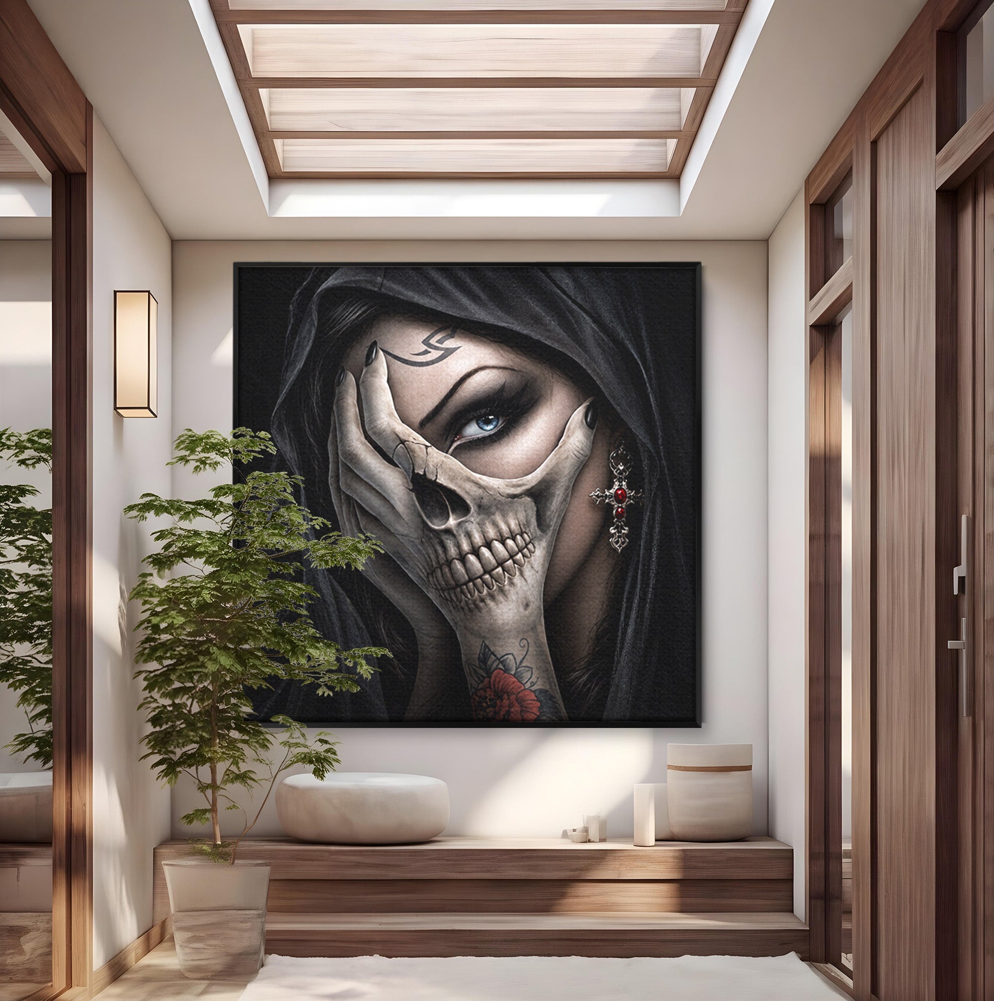 Tablou Canvas Premium LuxCanva® U1088, Privire Intunecata, Portret, Craniu, Mister, Intuneric, Detaliu, Dormitor, Living, Culori Vibrante