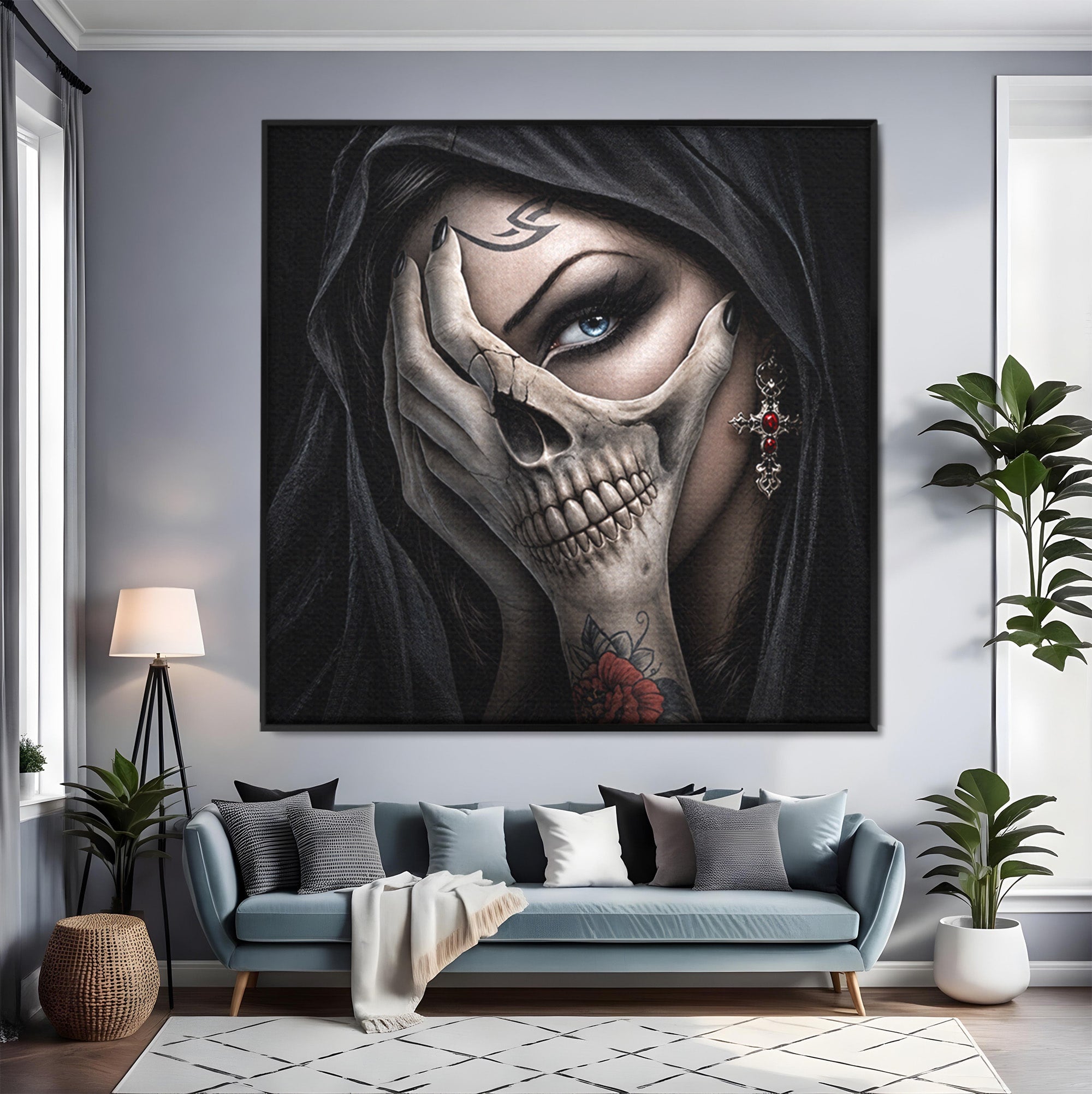 Tablou Canvas Premium LuxCanva® U1088, Privire Intunecata, Portret, Craniu, Mister, Intuneric, Detaliu, Dormitor, Living, Culori Vibrante