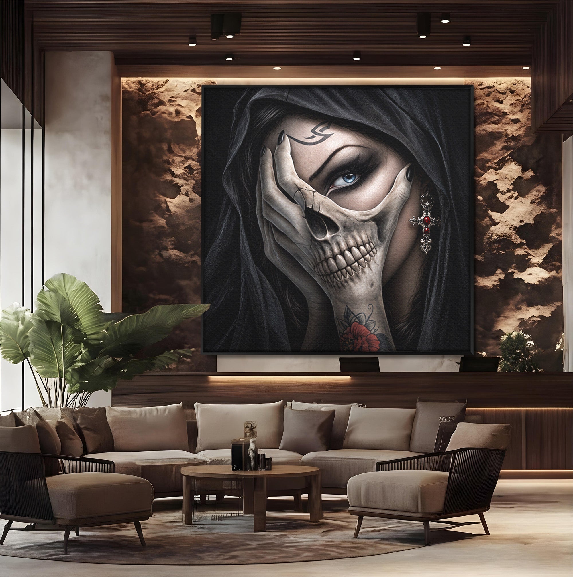 Tablou Canvas Premium LuxCanva® U1088, Privire Intunecata, Portret, Craniu, Mister, Intuneric, Detaliu, Dormitor, Living, Culori Vibrante