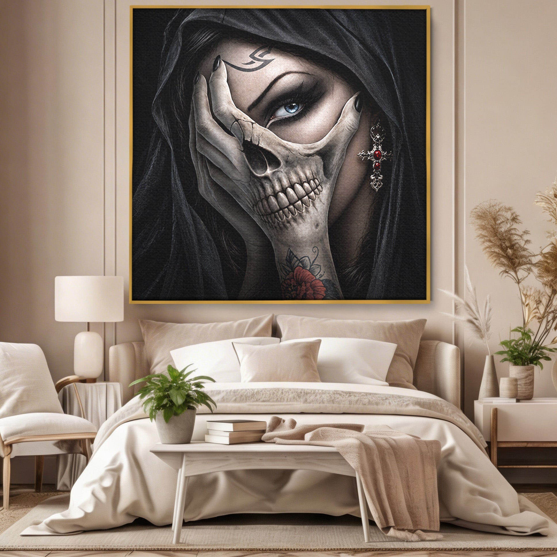 Tablou Canvas Premium LuxCanva® U1088, Privire Intunecata, Portret, Craniu, Mister, Intuneric, Detaliu, Dormitor, Living, Culori Vibrante
