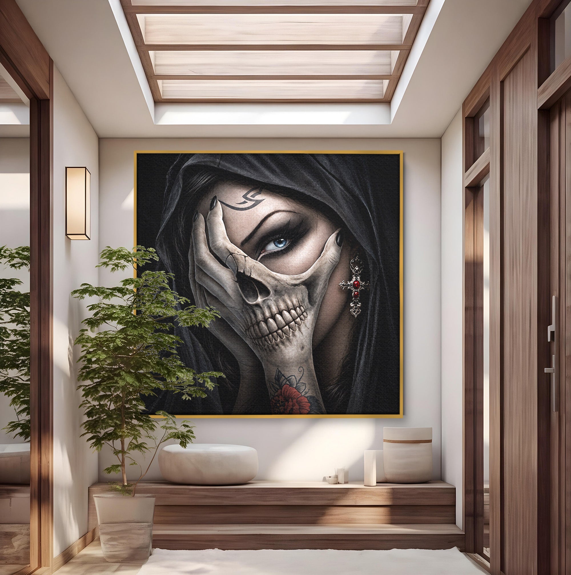 Tablou Canvas Premium LuxCanva® U1088, Privire Intunecata, Portret, Craniu, Mister, Intuneric, Detaliu, Dormitor, Living, Culori Vibrante