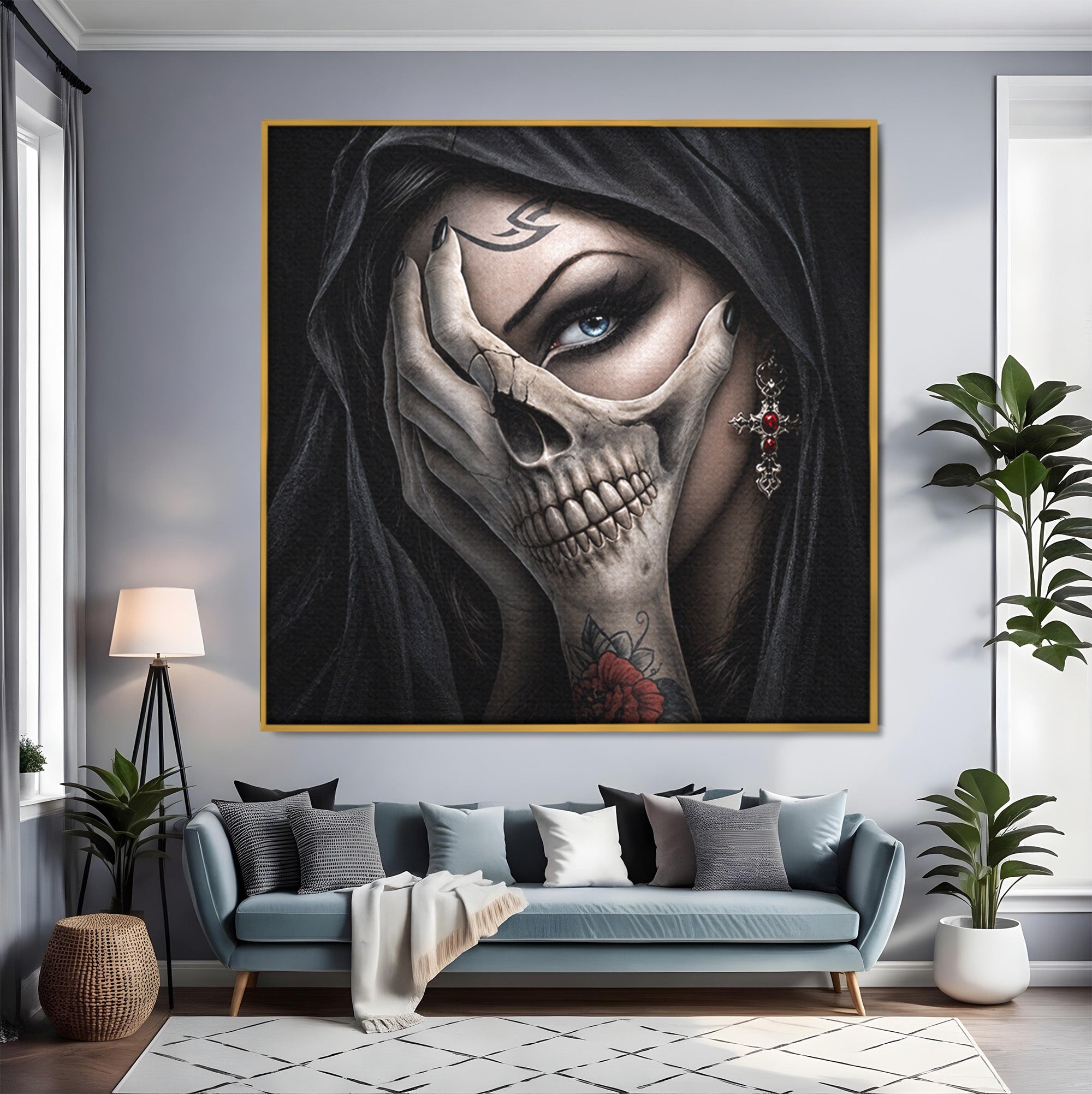 Tablou Canvas Premium LuxCanva® U1088, Privire Intunecata, Portret, Craniu, Mister, Intuneric, Detaliu, Dormitor, Living, Culori Vibrante