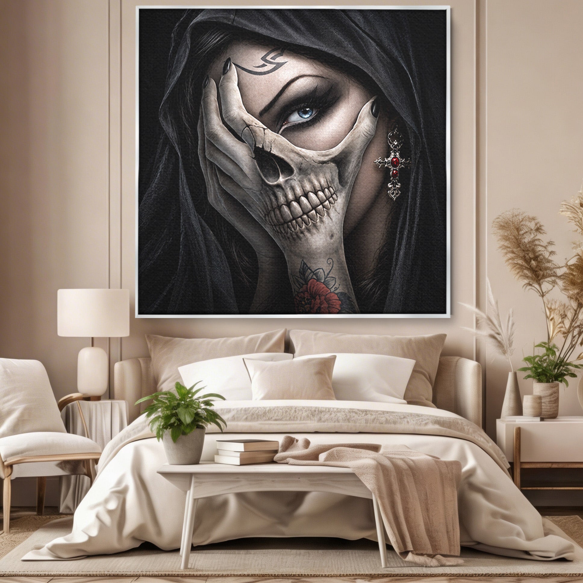 Tablou Canvas Premium LuxCanva® U1088, Privire Intunecata, Portret, Craniu, Mister, Intuneric, Detaliu, Dormitor, Living, Culori Vibrante