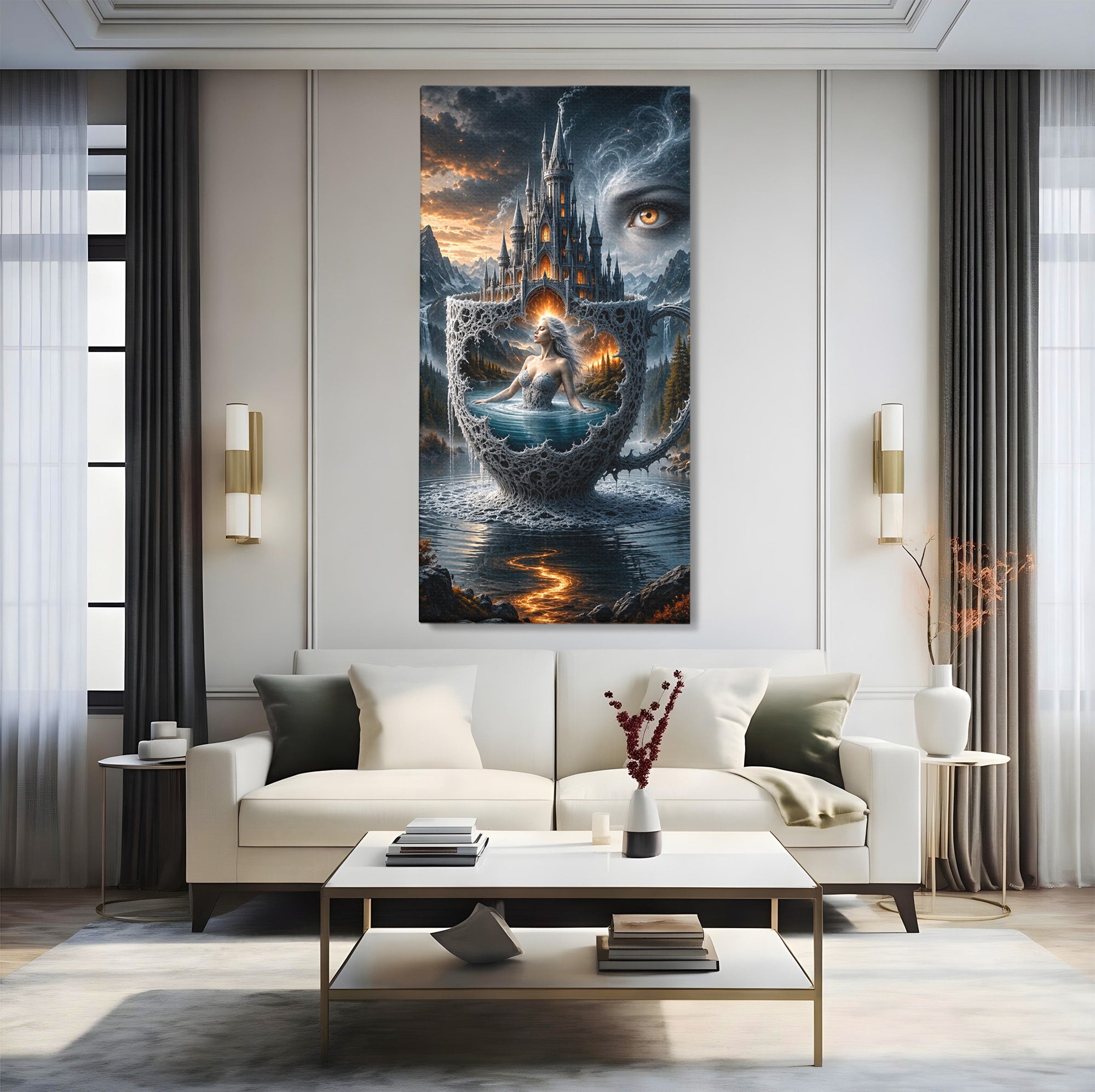 Tablou Canvas Premium LuxCanva® U1091, Castelul Din Ceasca, Fantezie, Peisaj, Mister, Castel, Dormitor, Culori Vibrante