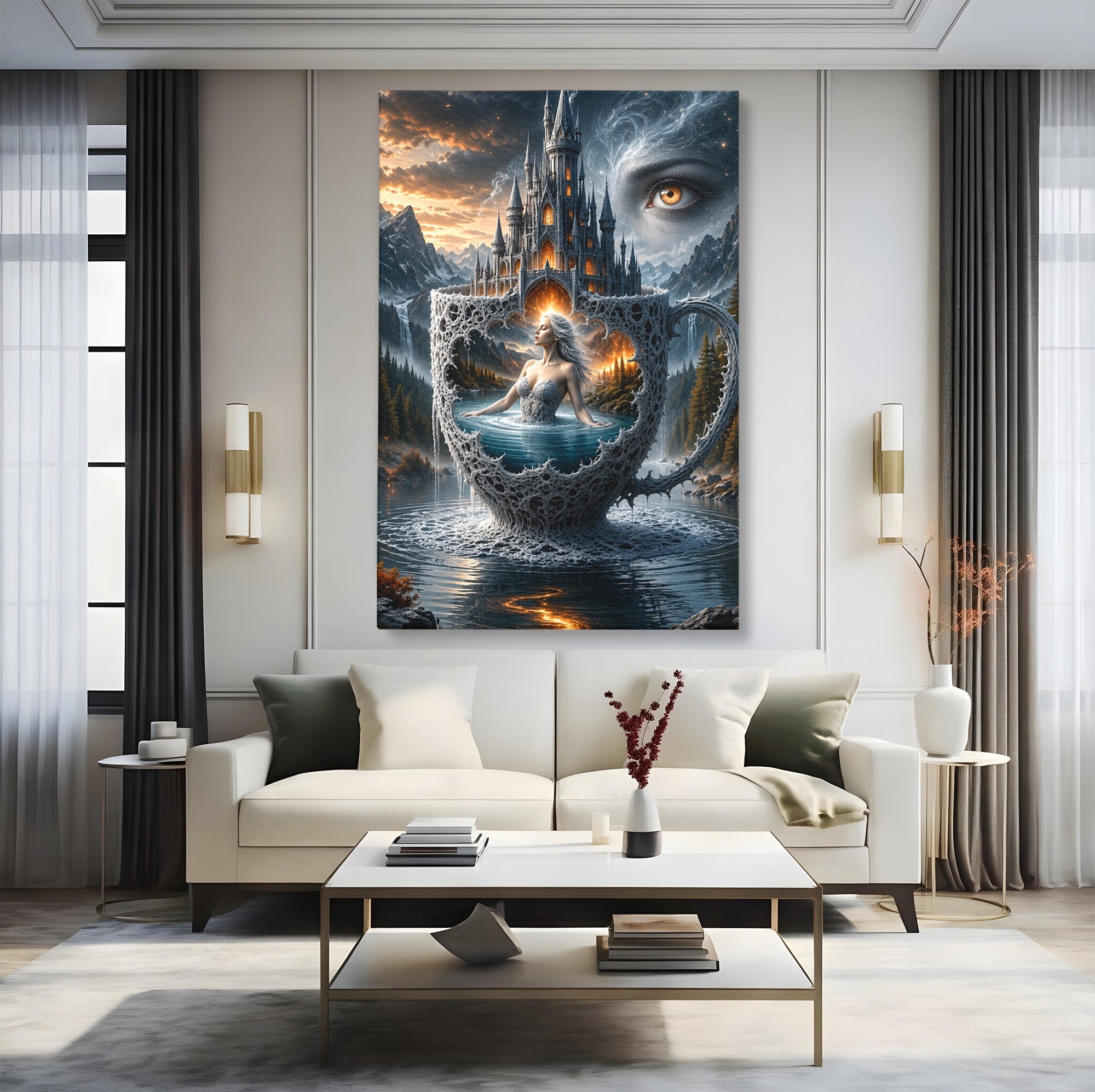 Tablou Canvas Premium LuxCanva® U1091, Castelul Din Ceasca, Fantezie, Peisaj, Mister, Castel, Dormitor, Culori Vibrante