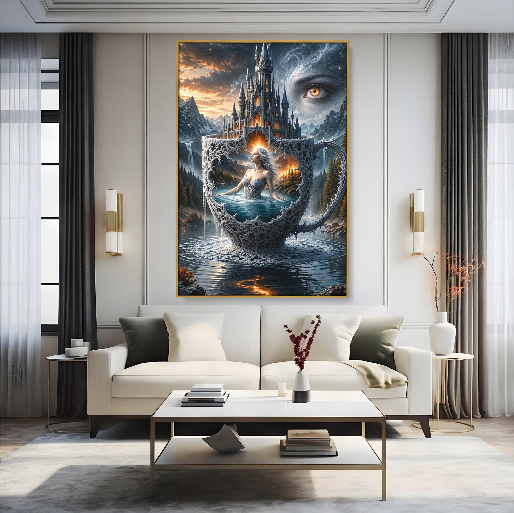 Tablou Canvas Premium LuxCanva® U1091, Castelul Din Ceasca, Fantezie, Peisaj, Mister, Castel, Dormitor, Culori Vibrante