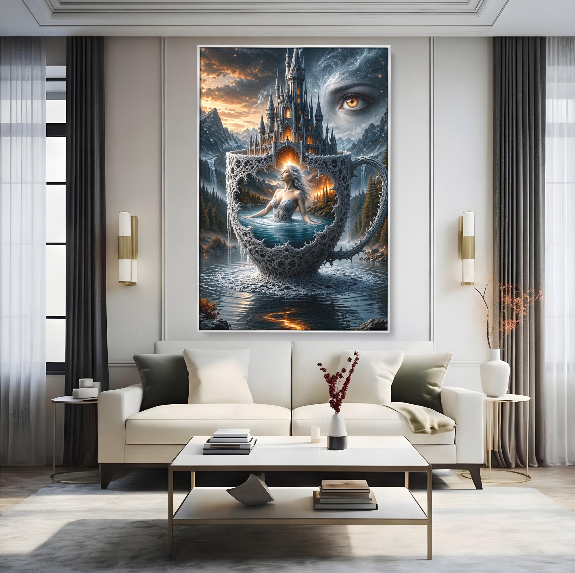 Tablou Canvas Premium LuxCanva® U1091, Castelul Din Ceasca, Fantezie, Peisaj, Mister, Castel, Dormitor, Culori Vibrante