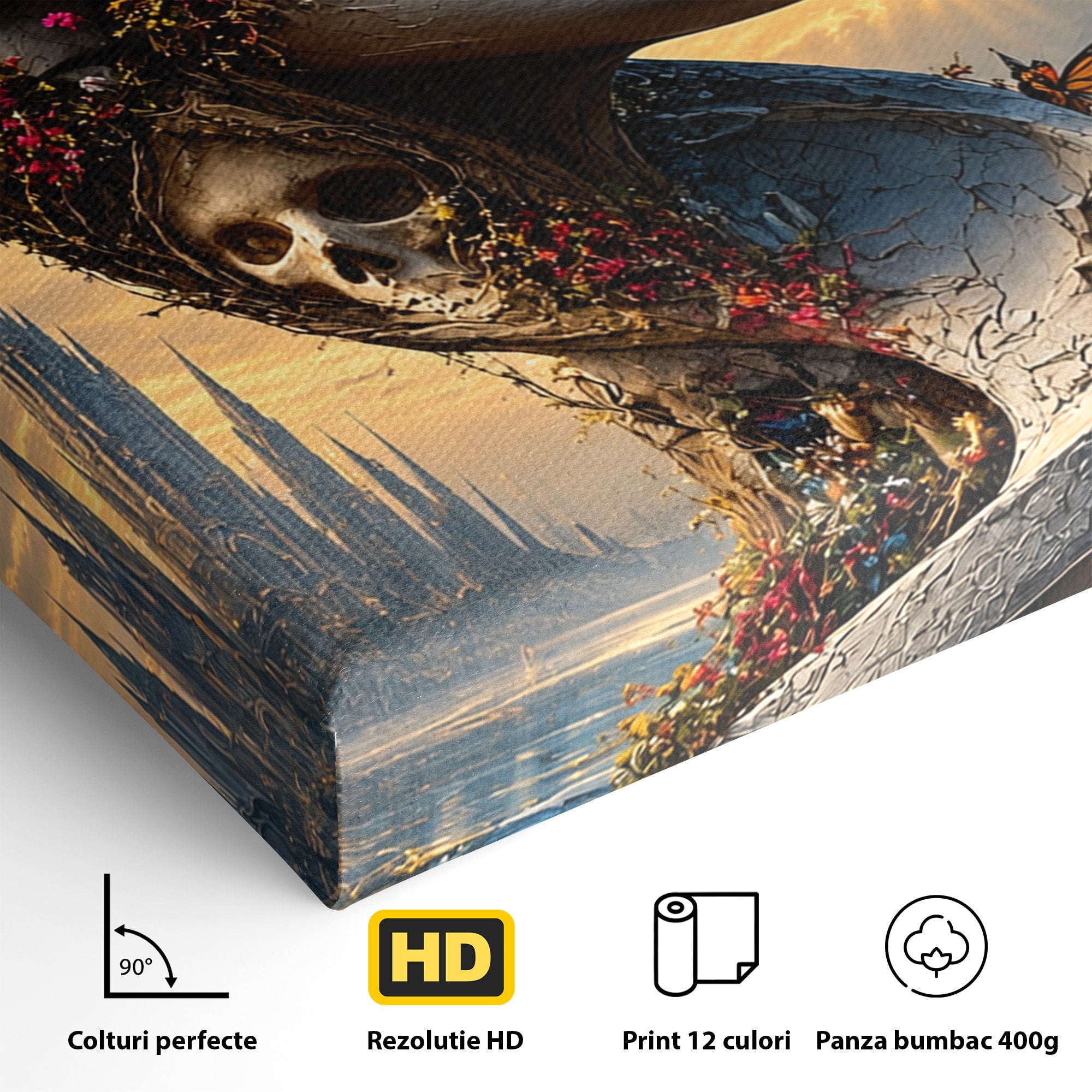 Tablou Canvas Premium LuxCanva® U1093, Chipul Naturii Metamorfozate, Craniu, Fluturi, Fantezie, Chip, Living, Culori Vibrante